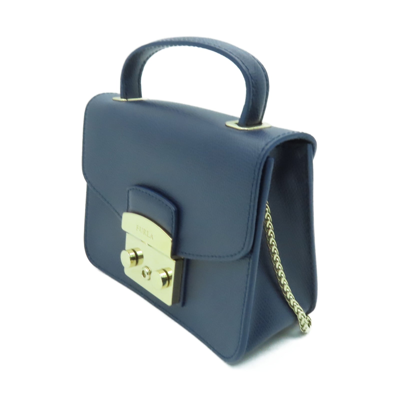 Furla 牛皮皮革Chain Shoulder金扣鏈帶肩背袋深藍色