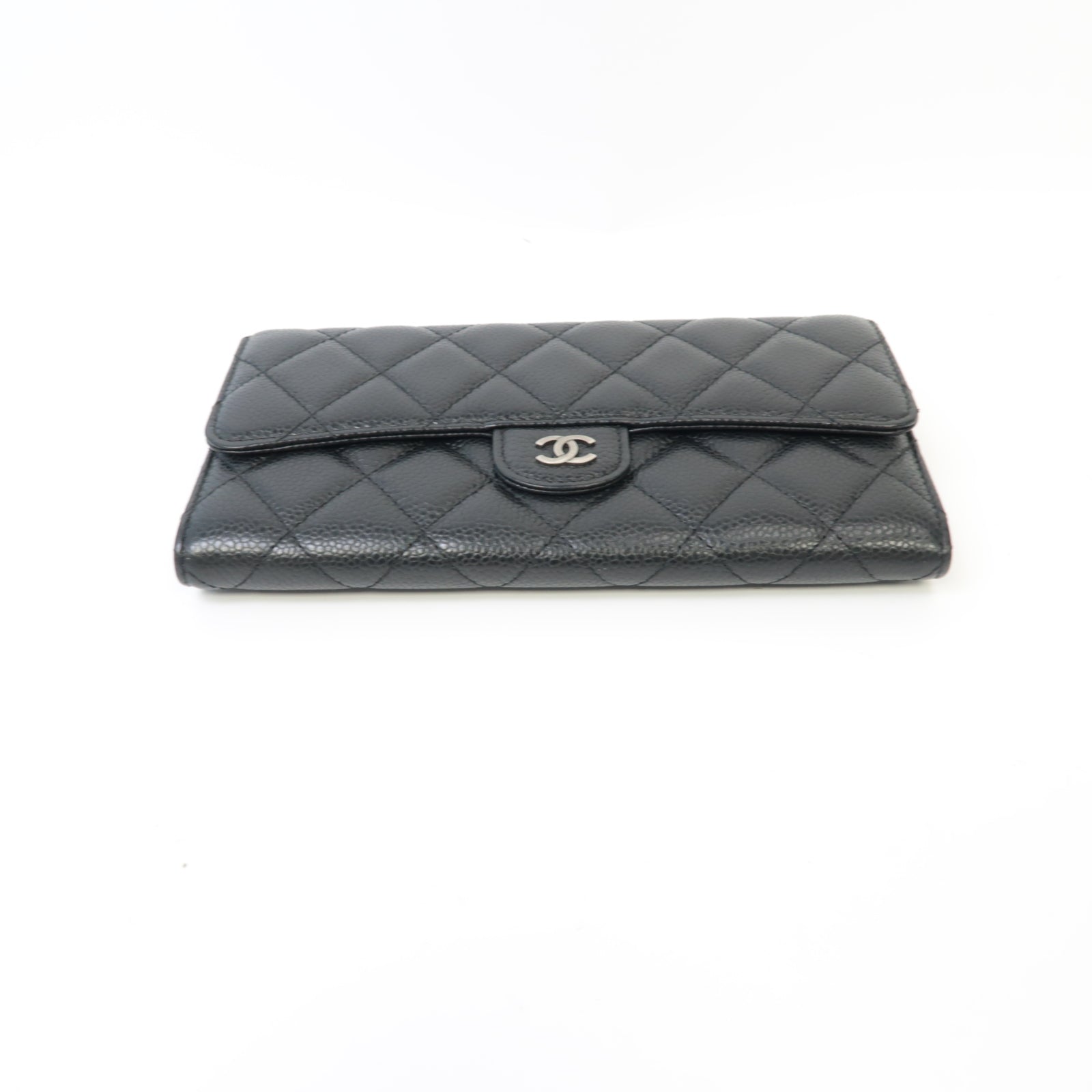 CHANEL Caviar皮革Classic Long Wallet銀扣長錢包黒色