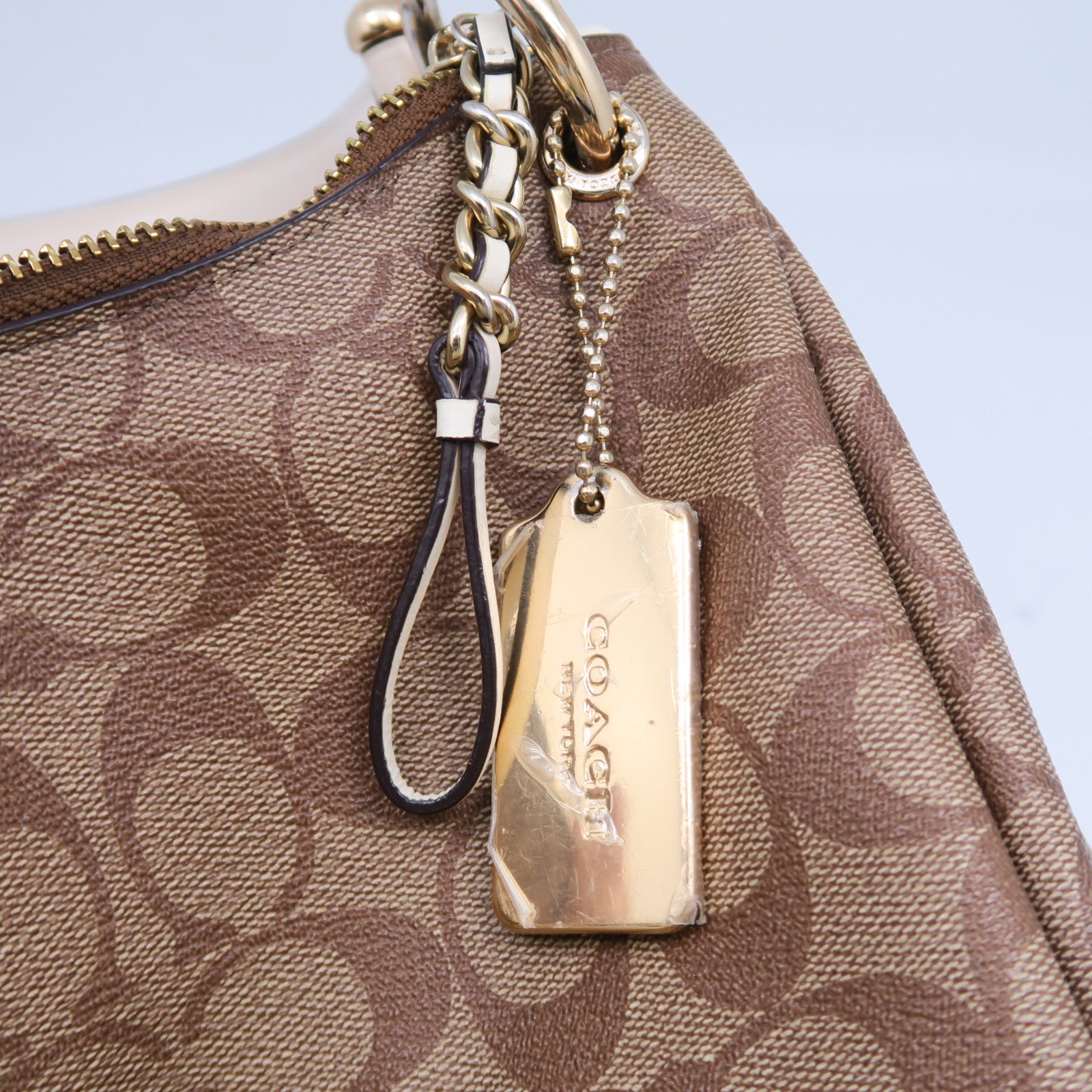 COACH 塗層帆布2 Way Shoulder Bag金扣手挽肩背兩用袋啡色/米色