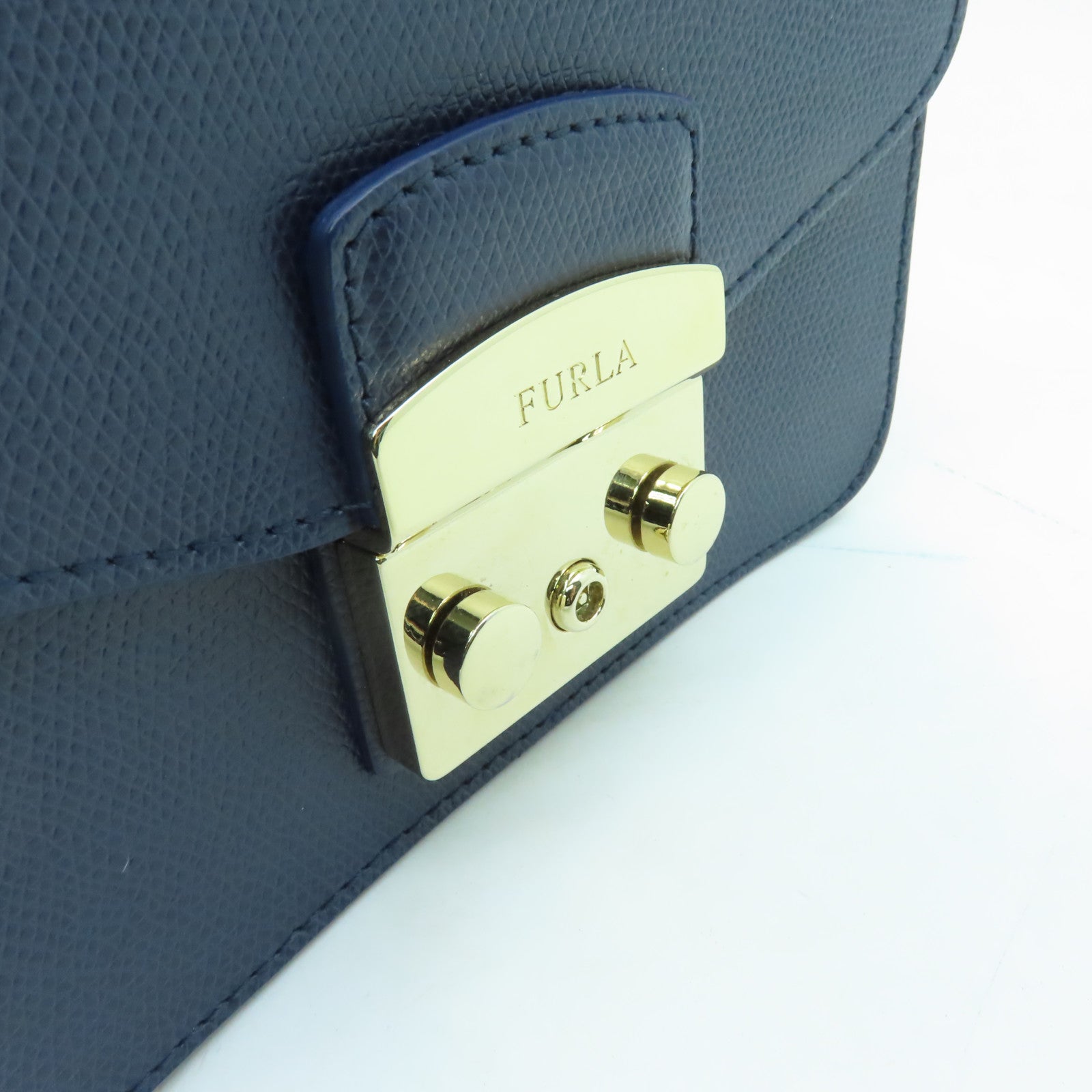 Furla 牛皮皮革Chain Shoulder金扣鏈帶肩背袋深藍色