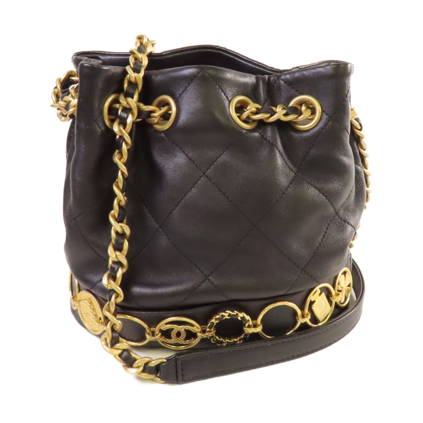 CHANEL 菱格牛皮皮革Small Bucket Bag金扣鏈帶肩背袋黑色