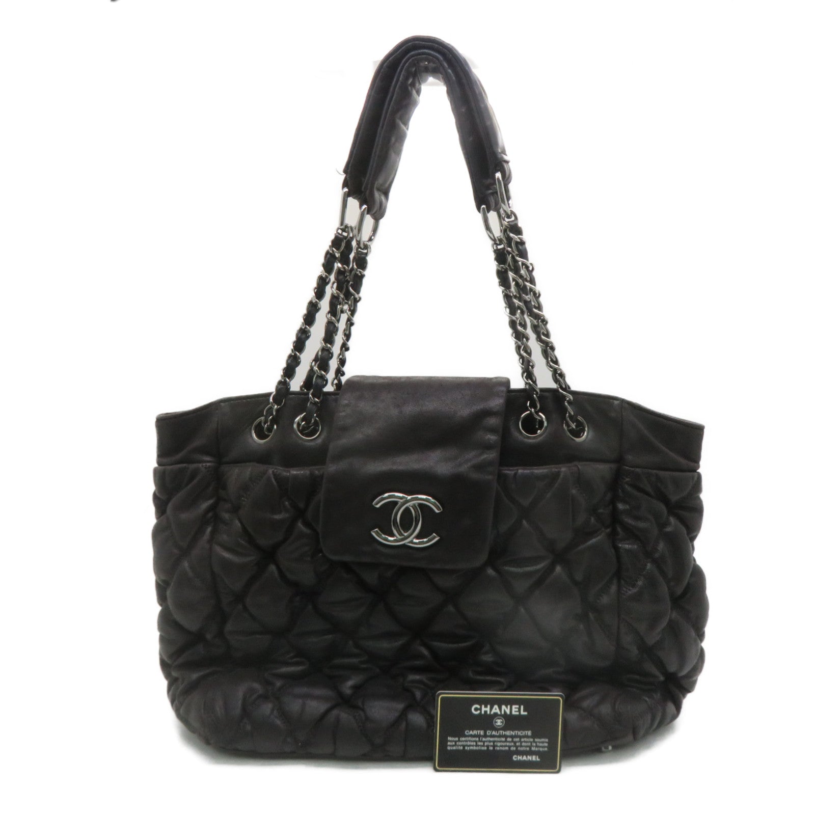 CHANEL 菱格牛皮皮革Tote Bag銀扣手挽袋黑色