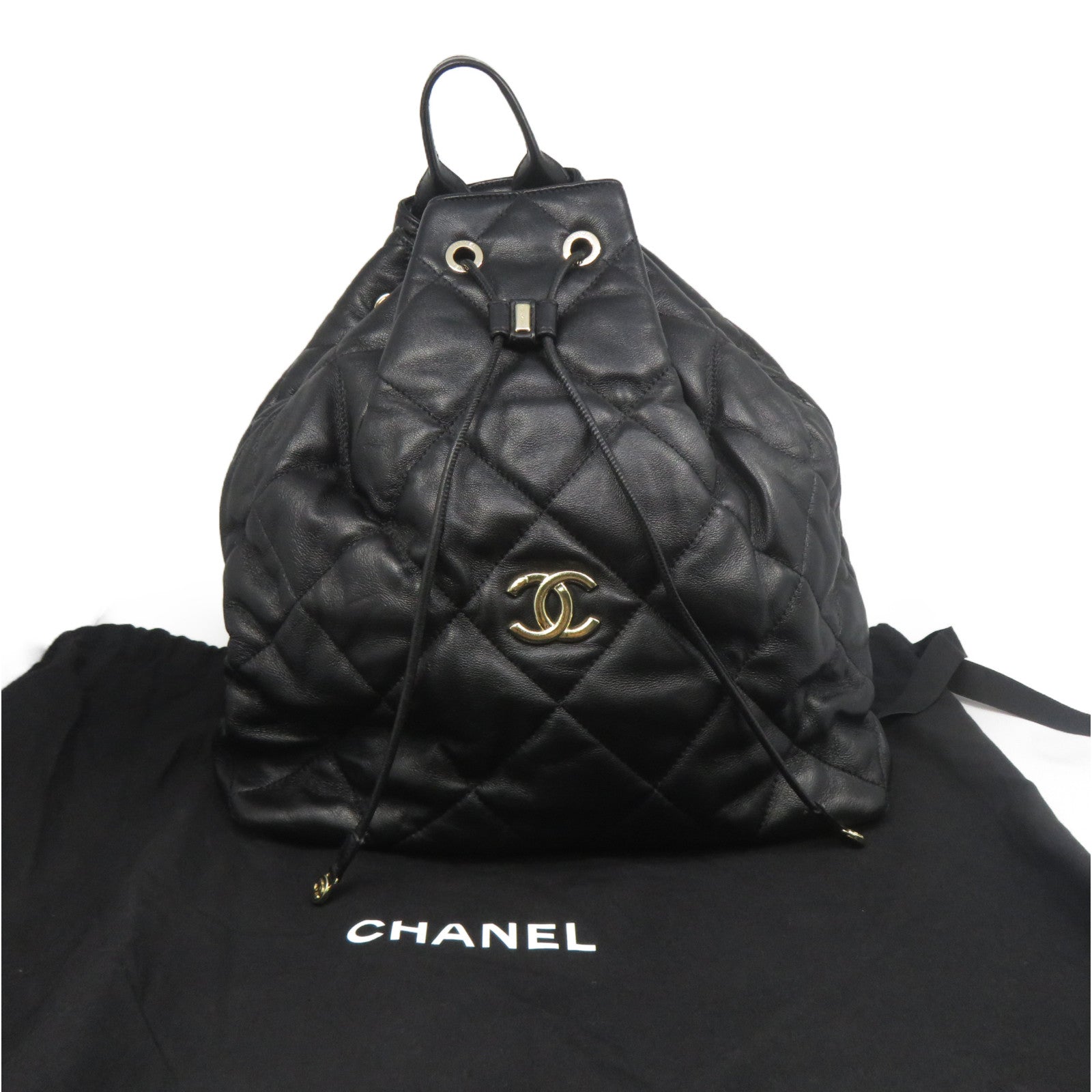 CHANEL 菱格牛皮皮革Backpack金扣背包黑色