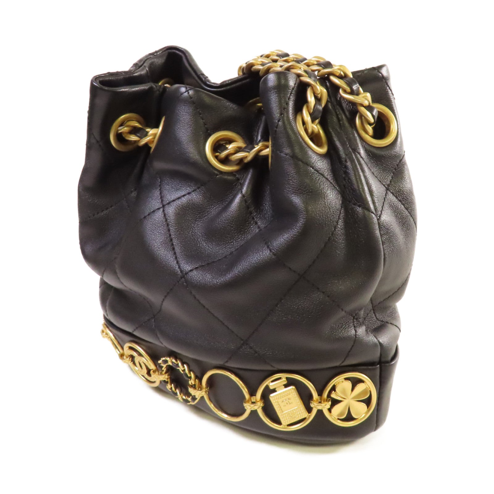CHANEL 菱格牛皮皮革Small Bucket Bag金扣鏈帶肩背袋黑色