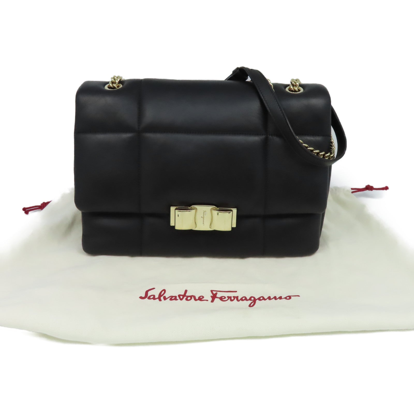 Salvatore Ferragamo 牛皮皮革Quilted Leather Chain Shoulder Bag鏈帶肩背袋黑色