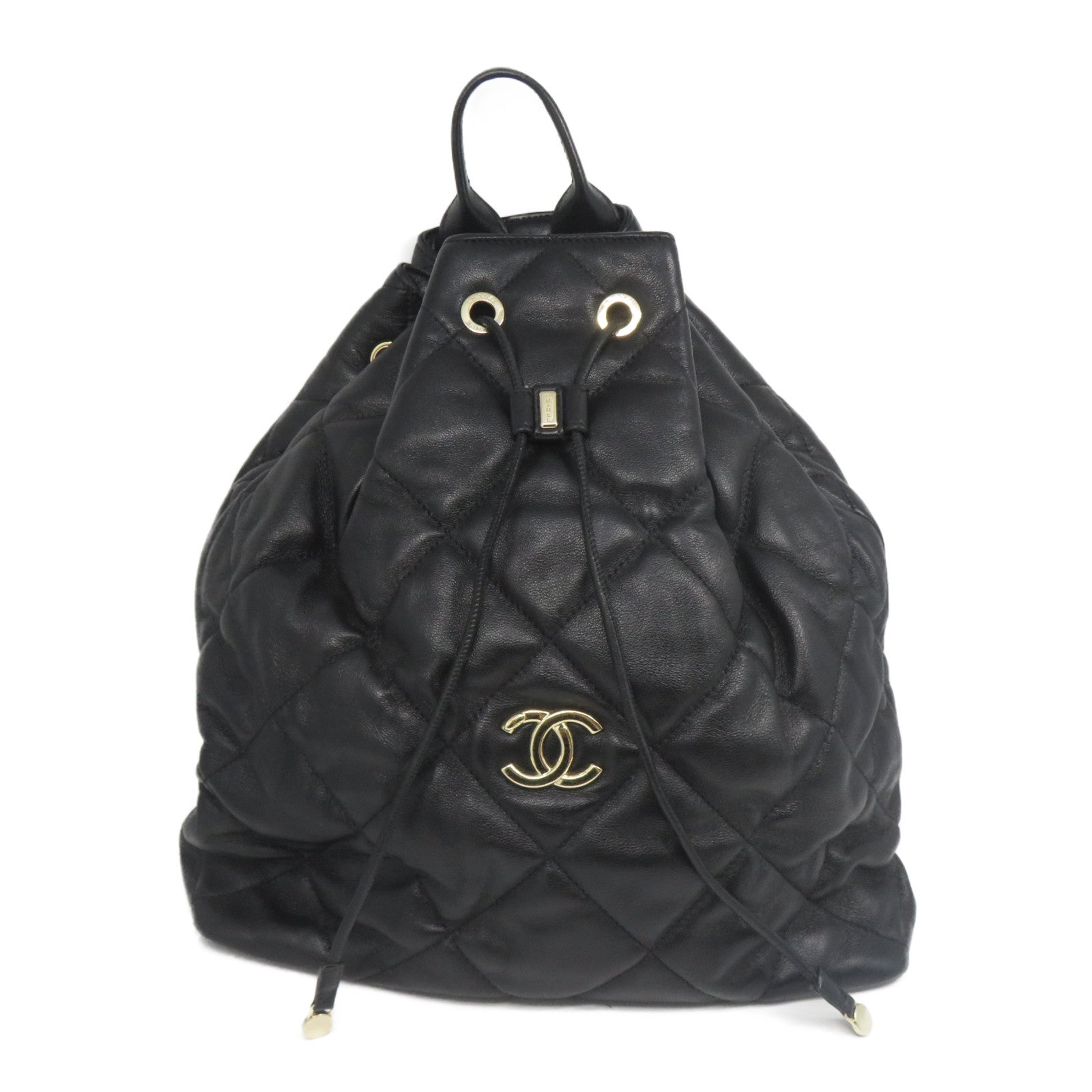 CHANEL 菱格牛皮皮革Backpack金扣背包黑色