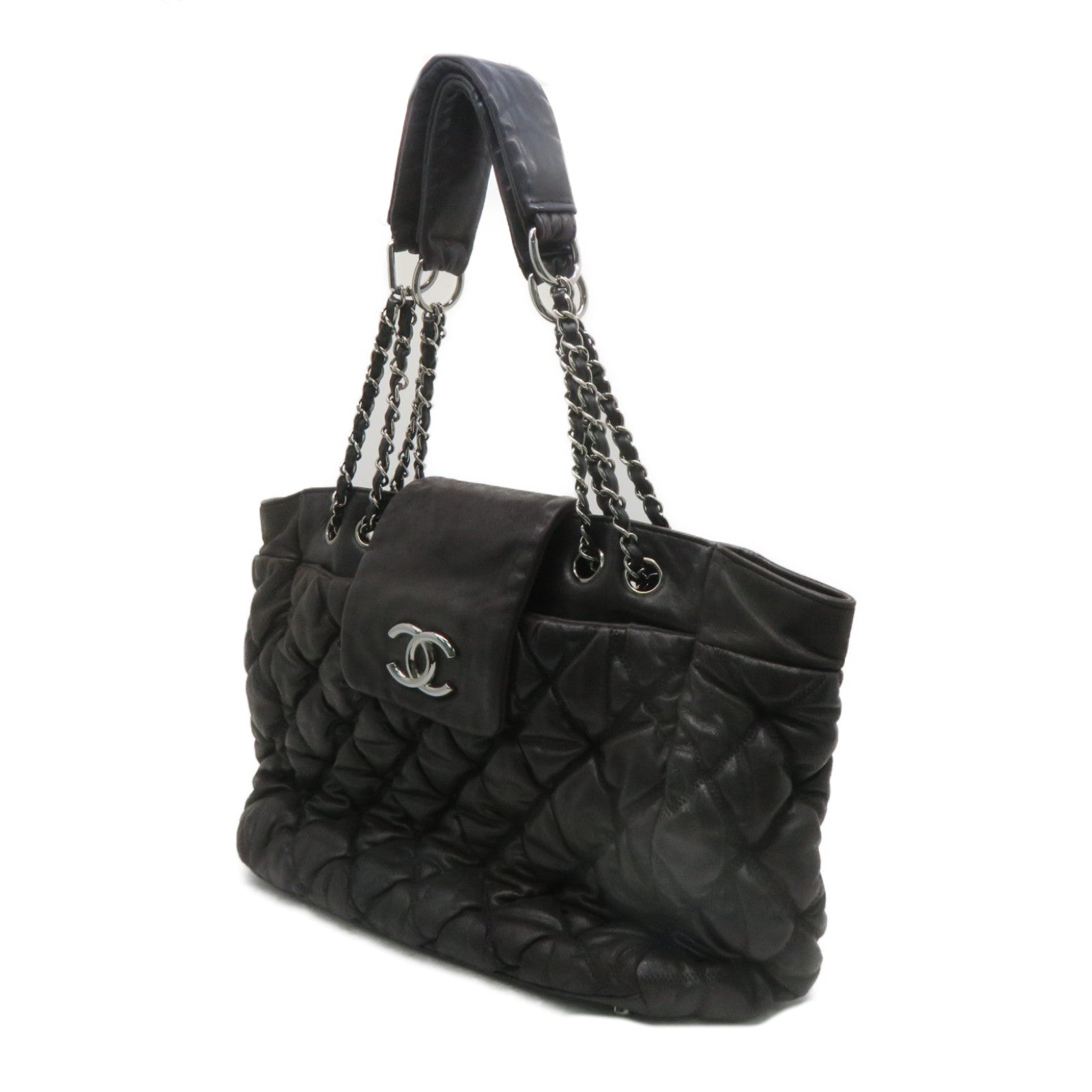 CHANEL 菱格牛皮皮革Tote Bag銀扣手挽袋黑色