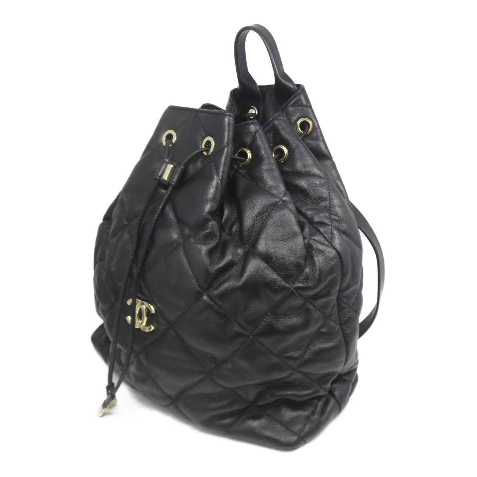CHANEL 菱格牛皮皮革Backpack金扣背包黑色