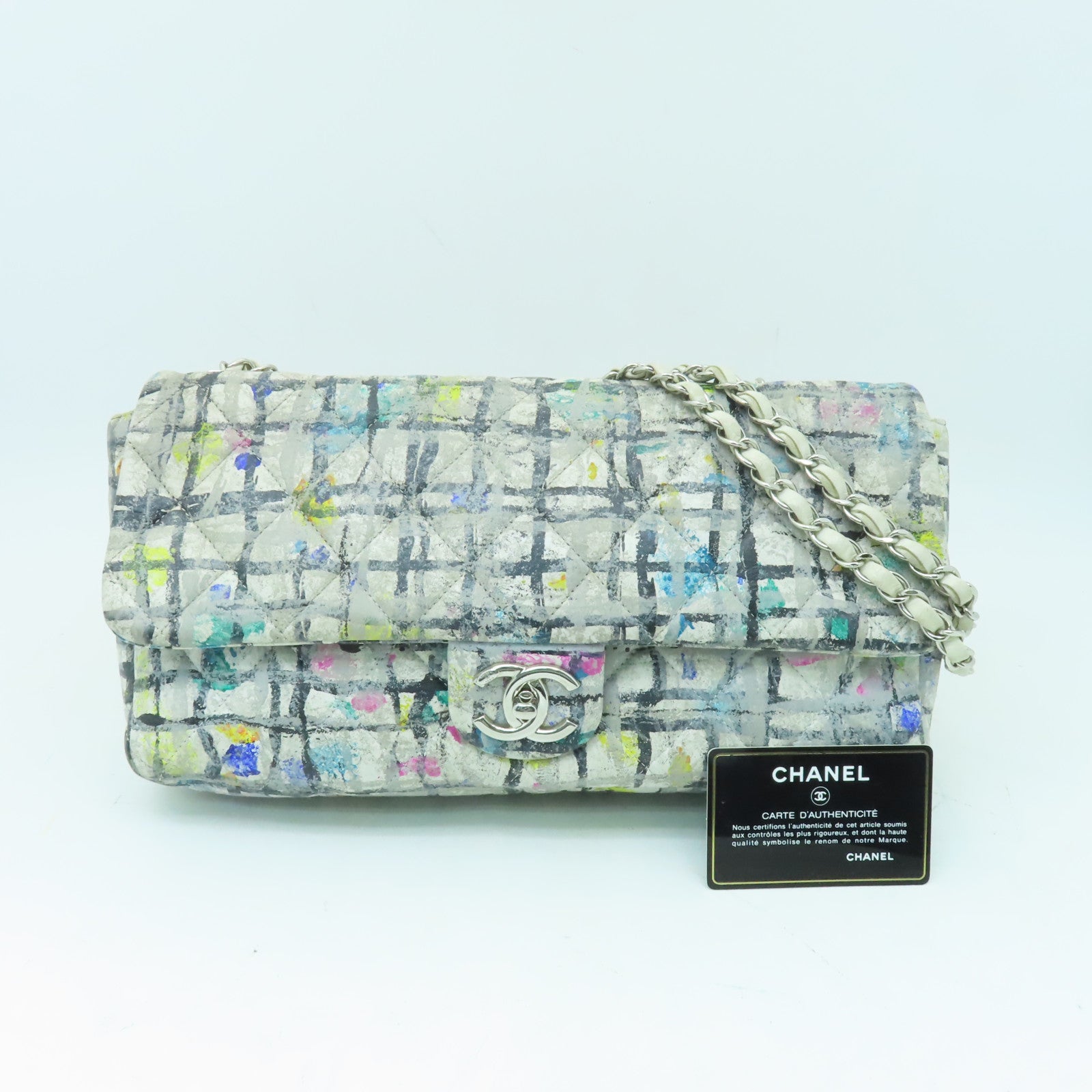 CHANEL 菱格牛皮皮革Chian Shoulder Bag銀扣鏈帶肩背袋白色/彩色