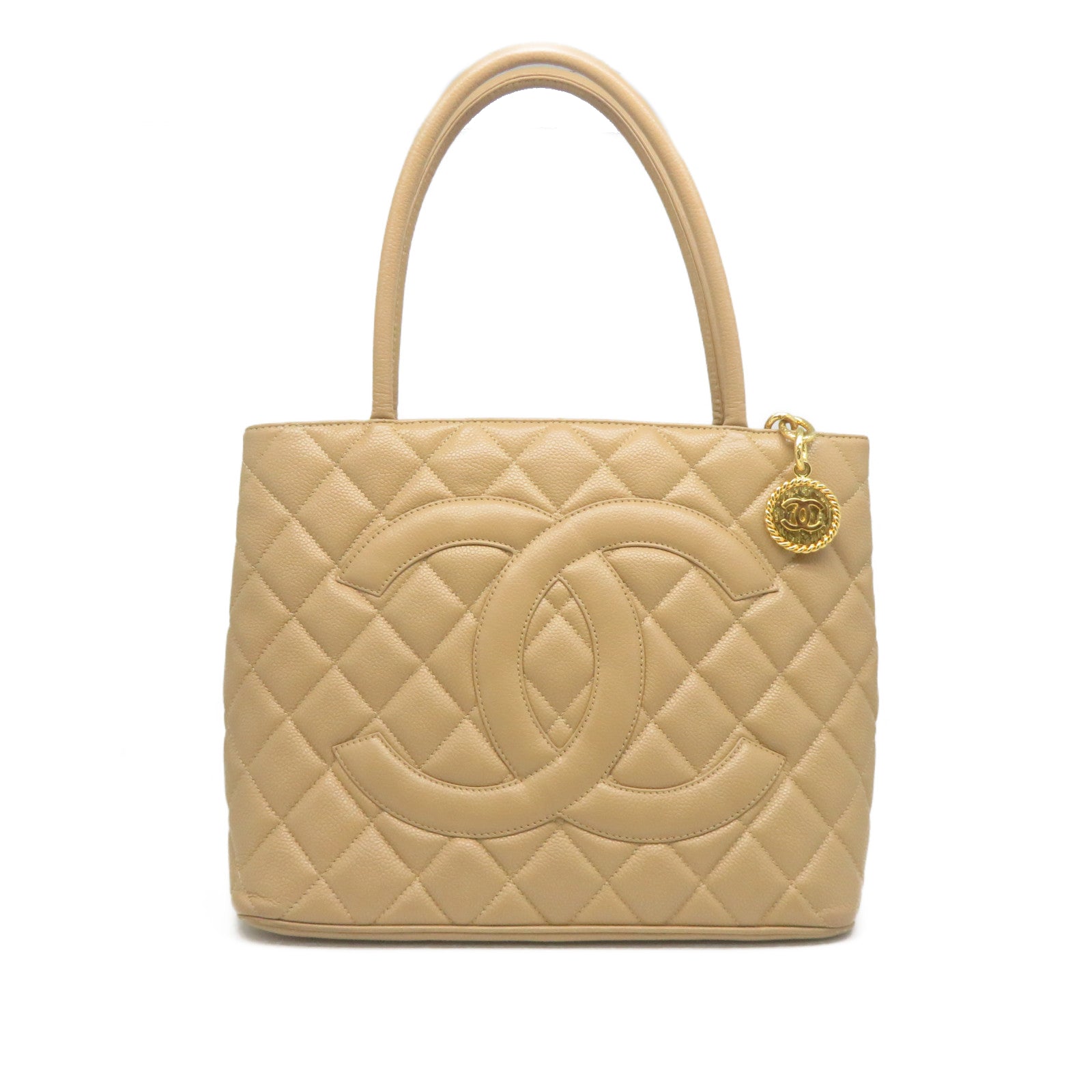 CHANEL 菱格牛皮皮革Shoulder Bag金扣肩背袋米色