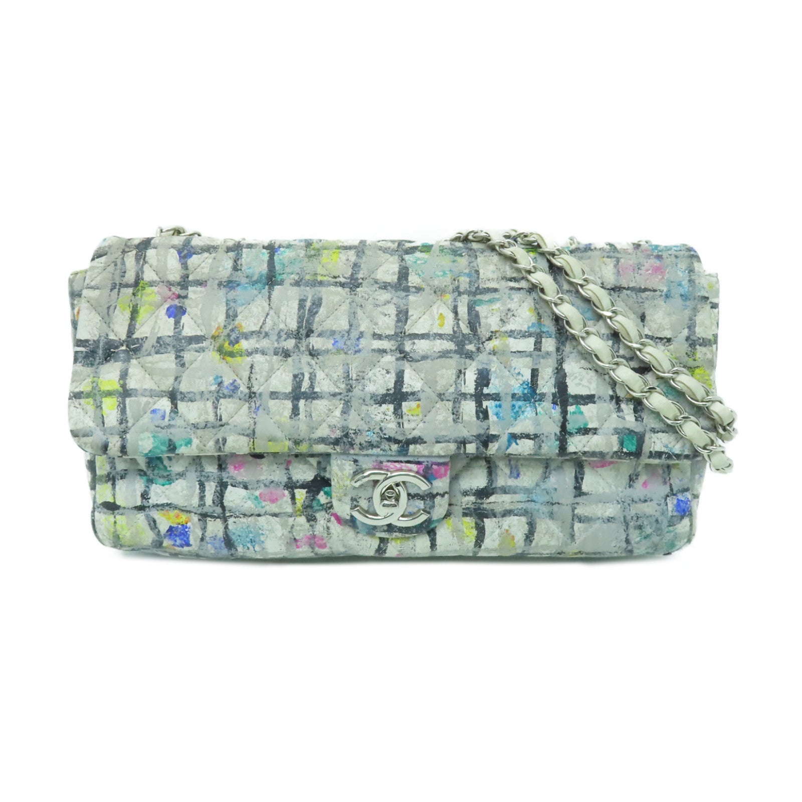 CHANEL 菱格牛皮皮革Chian Shoulder Bag銀扣鏈帶肩背袋白色/彩色