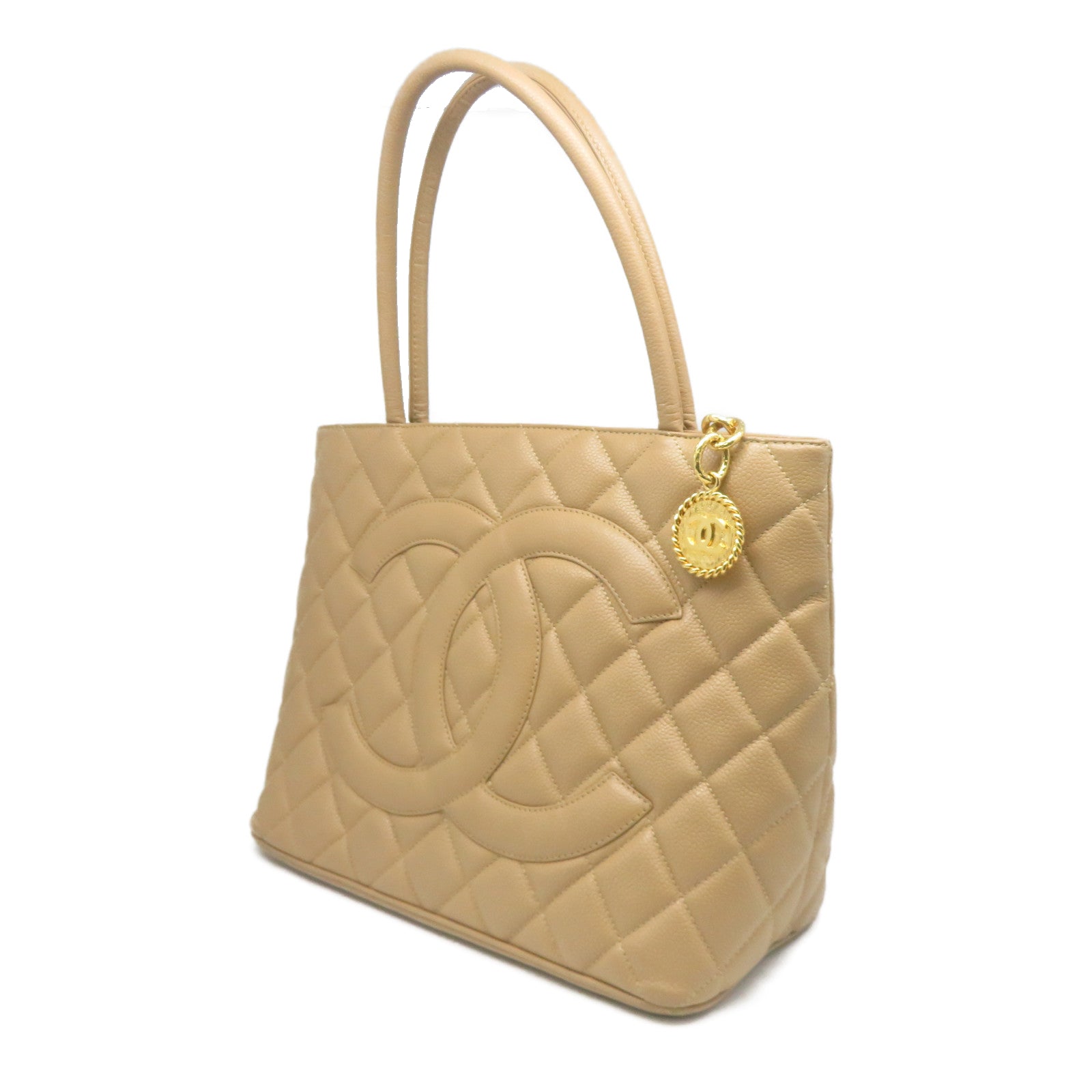 CHANEL 菱格牛皮皮革Shoulder Bag金扣肩背袋米色