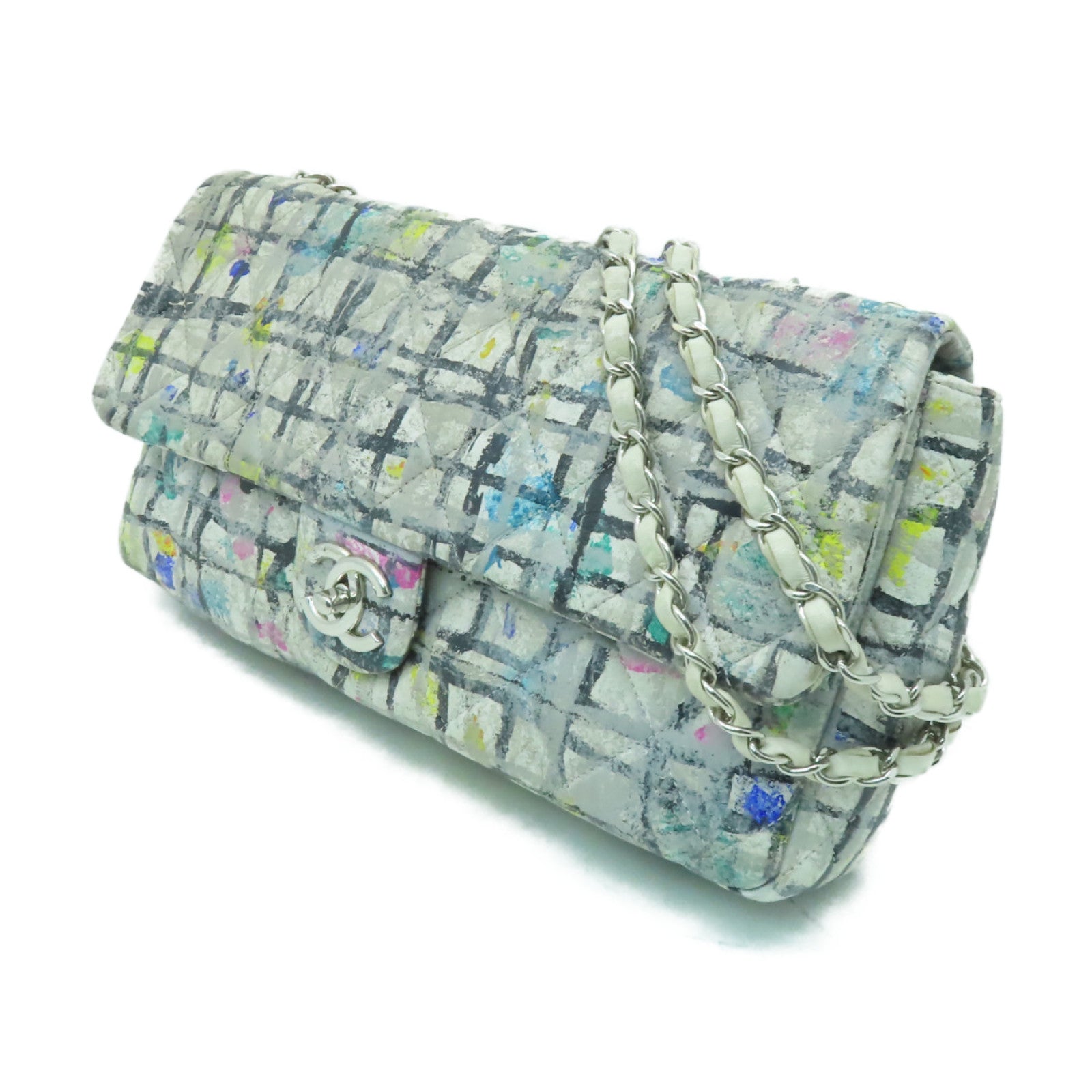 CHANEL 菱格牛皮皮革Chian Shoulder Bag銀扣鏈帶肩背袋白色/彩色