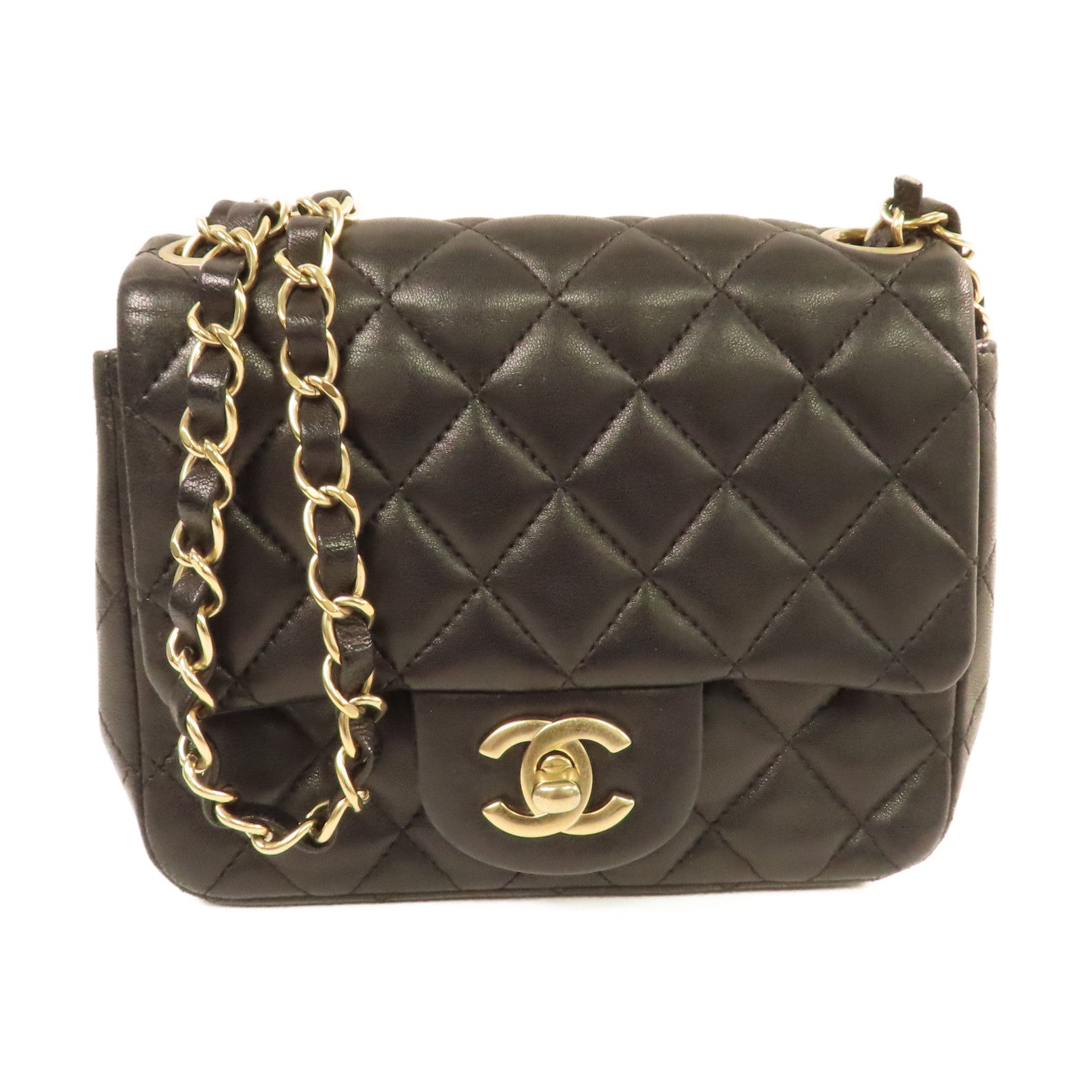 CHANEL 菱格羊皮皮革Chain Shoulder Bag金扣鏈帶肩背袋黑色