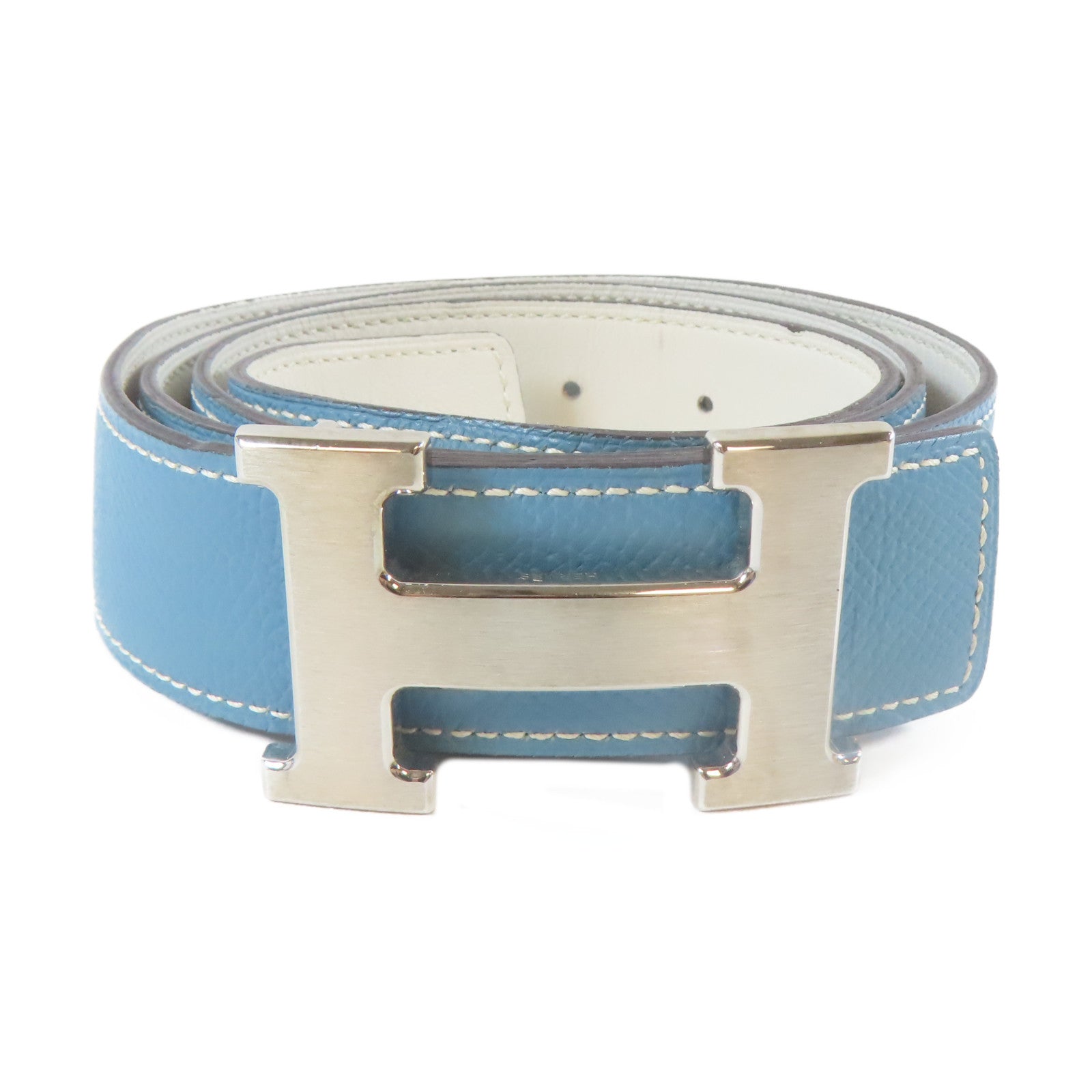 HERMES Epsom皮革H Belt銀扣皮帶藍色/白色