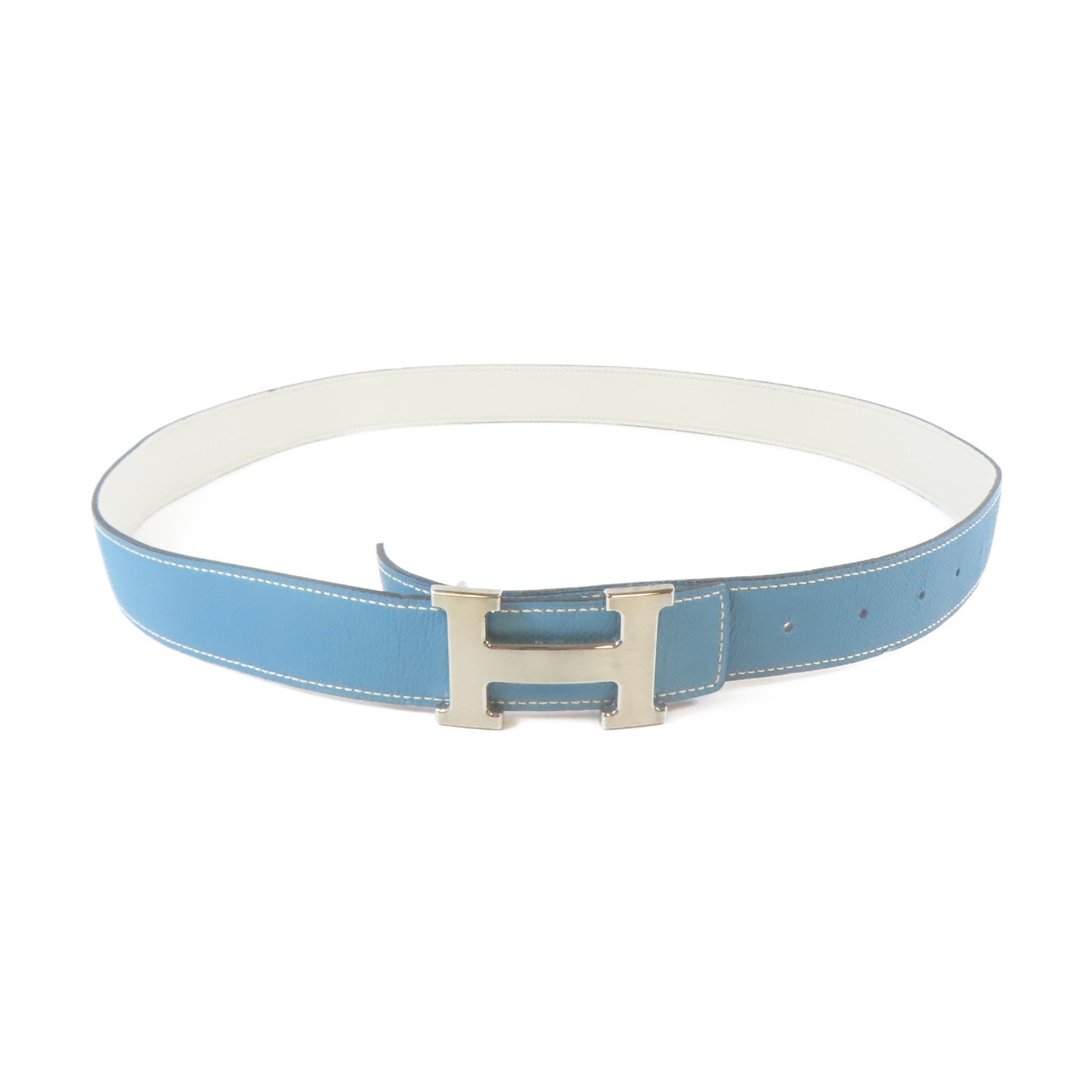 HERMES Epsom皮革H Belt銀扣皮帶藍色/白色