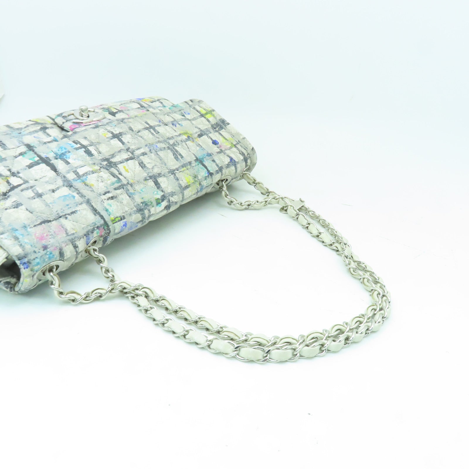 CHANEL 菱格牛皮皮革Chian Shoulder Bag銀扣鏈帶肩背袋白色/彩色
