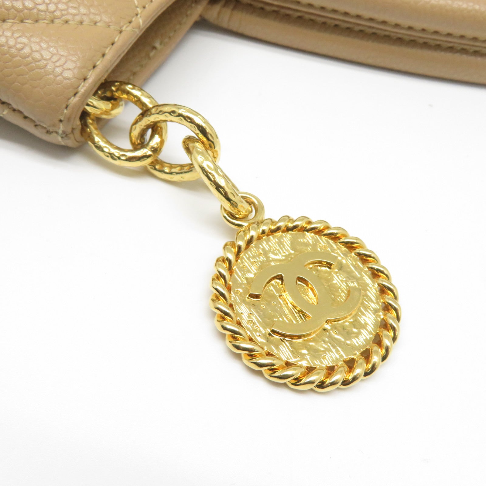 CHANEL 菱格牛皮皮革Shoulder Bag金扣肩背袋米色