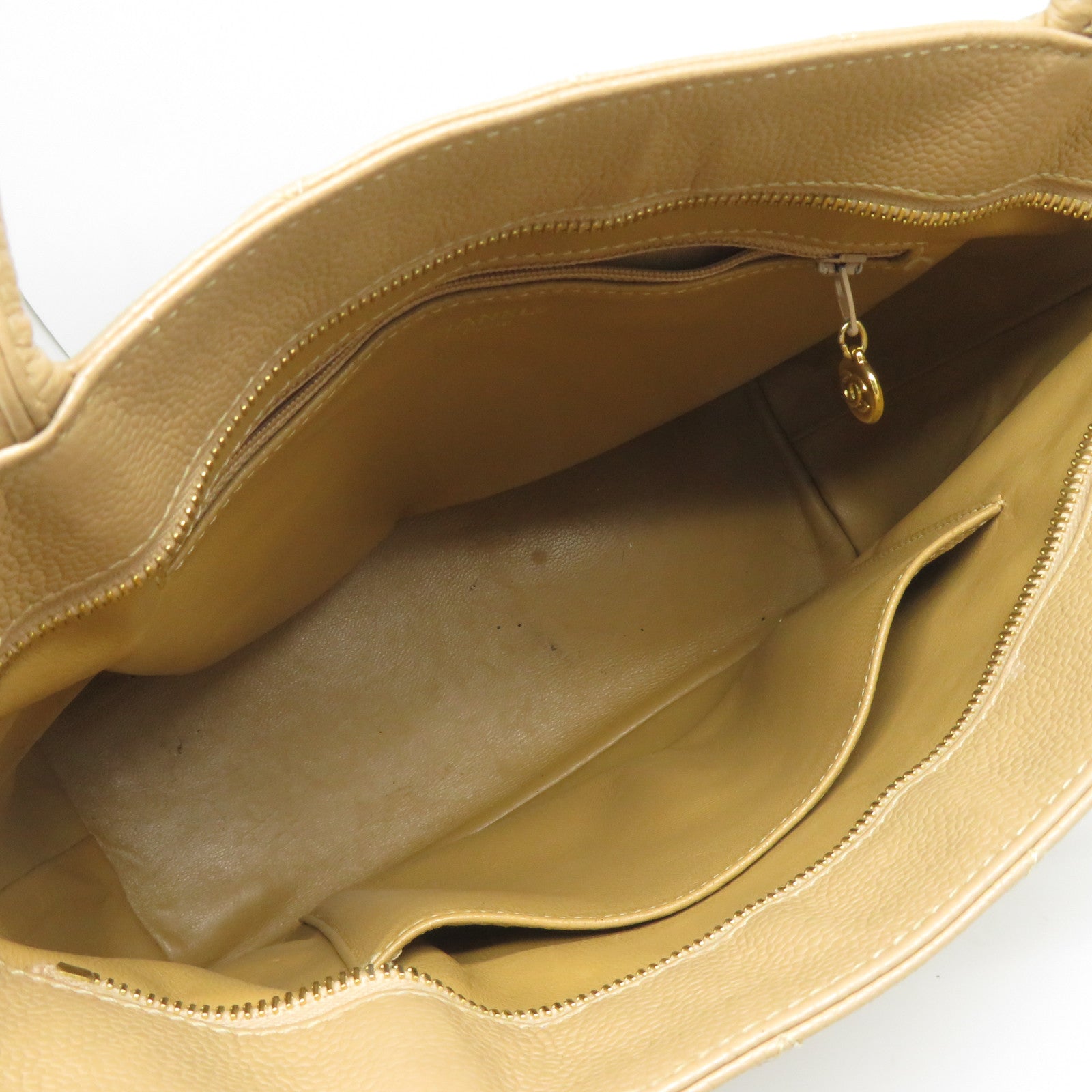 CHANEL 菱格牛皮皮革Shoulder Bag金扣肩背袋米色
