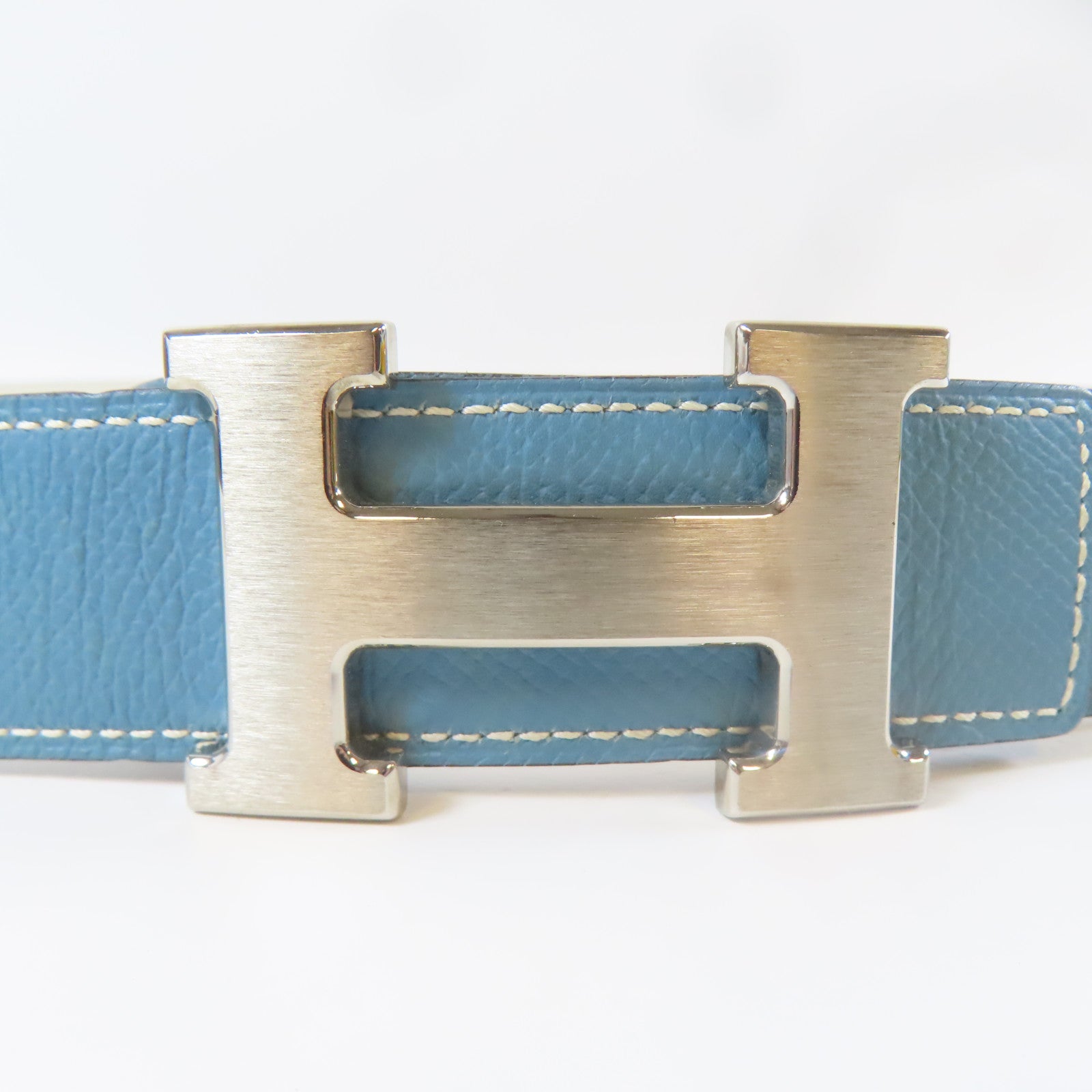 HERMES Epsom皮革H Belt銀扣皮帶藍色/白色