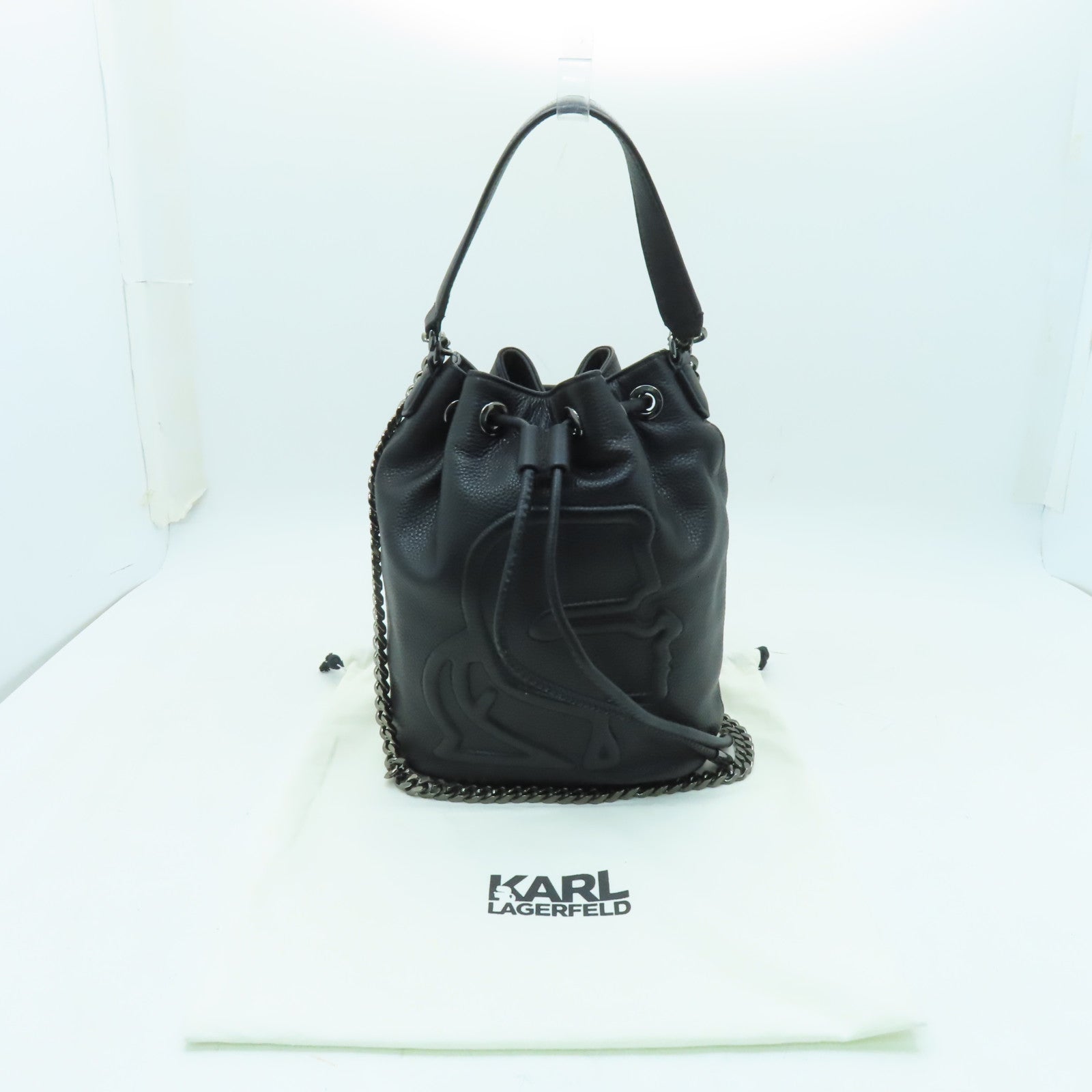 KARL LAGERFELD 牛皮皮革Bucket Bag鏈帶肩背袋黑色