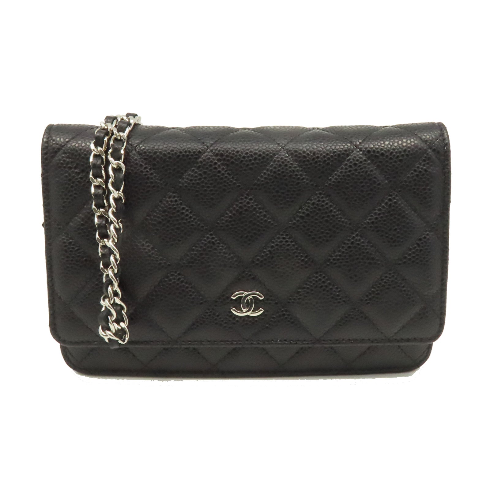 CHANEL 菱格Caviar皮革Wallet On Chain Shoulder Bag銀扣鏈帶肩背袋黑色