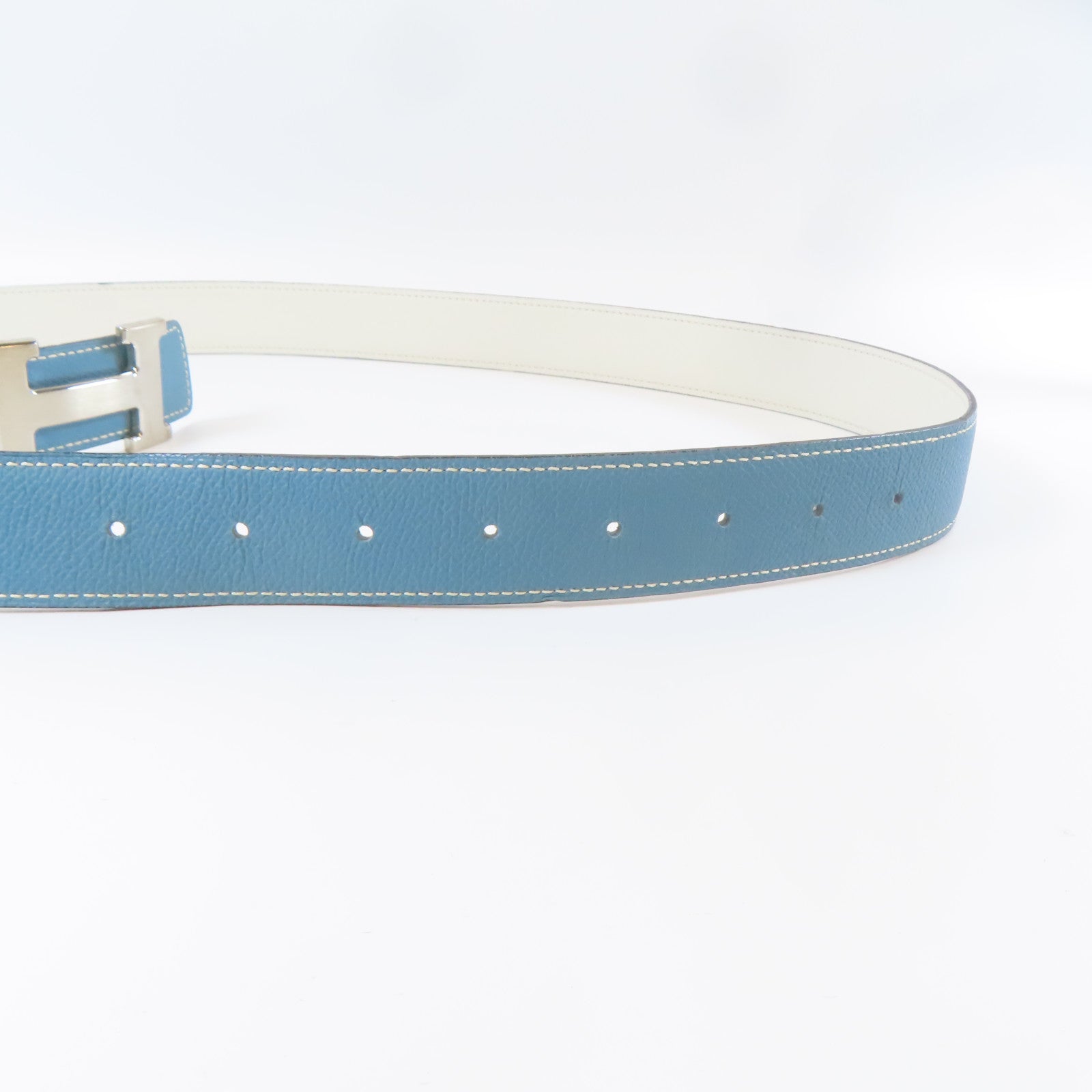 HERMES Epsom皮革H Belt銀扣皮帶藍色/白色