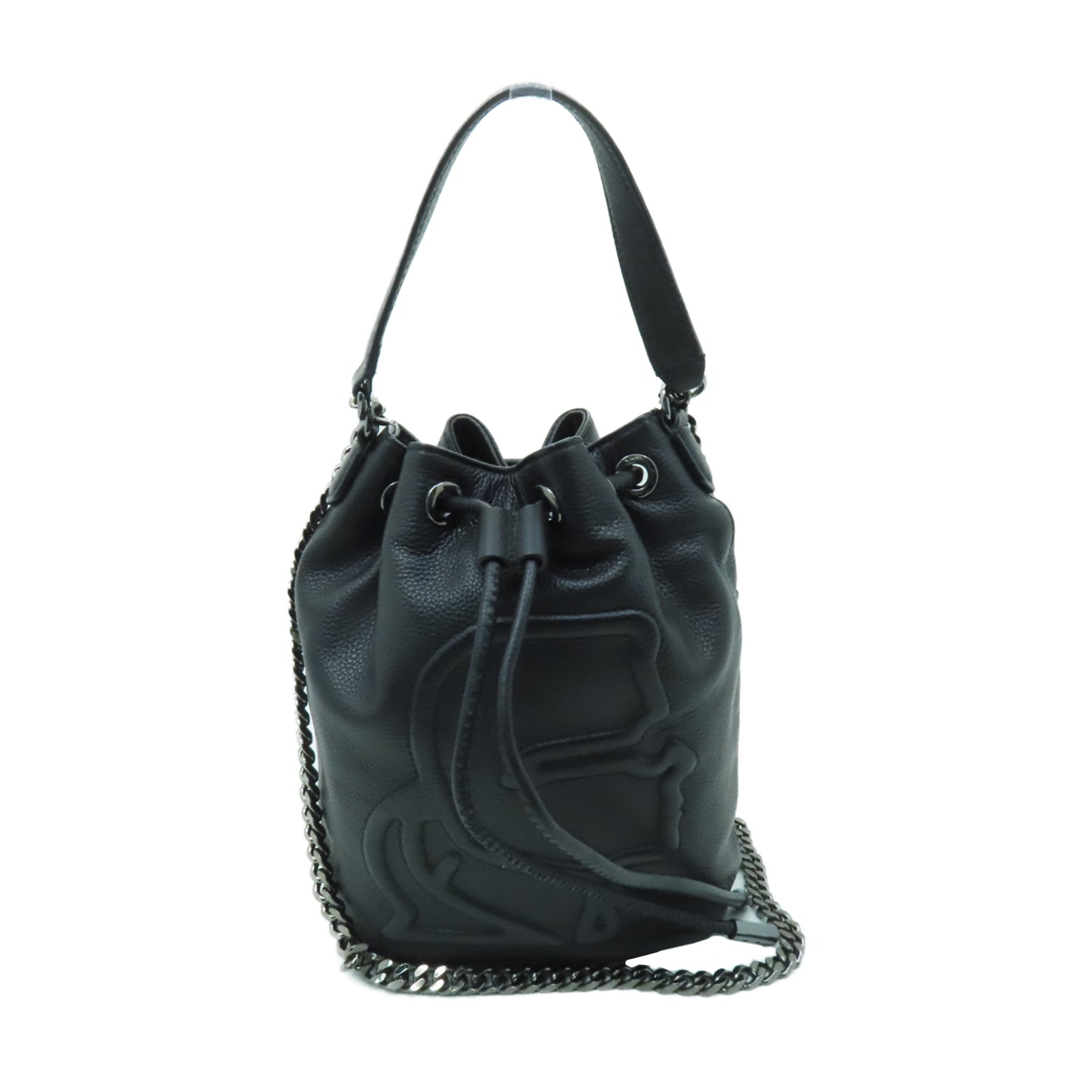 KARL LAGERFELD 牛皮皮革Bucket Bag鏈帶肩背袋黑色