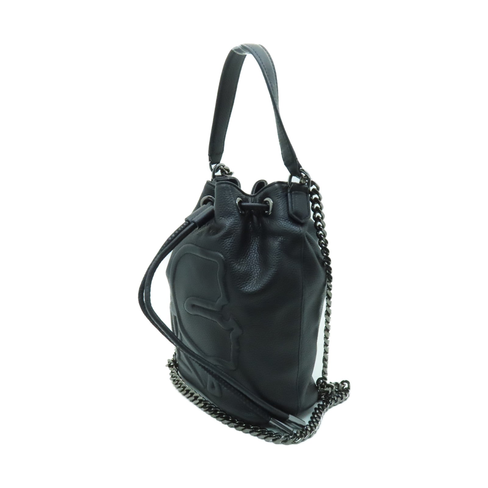 KARL LAGERFELD 牛皮皮革Bucket Bag鏈帶肩背袋黑色