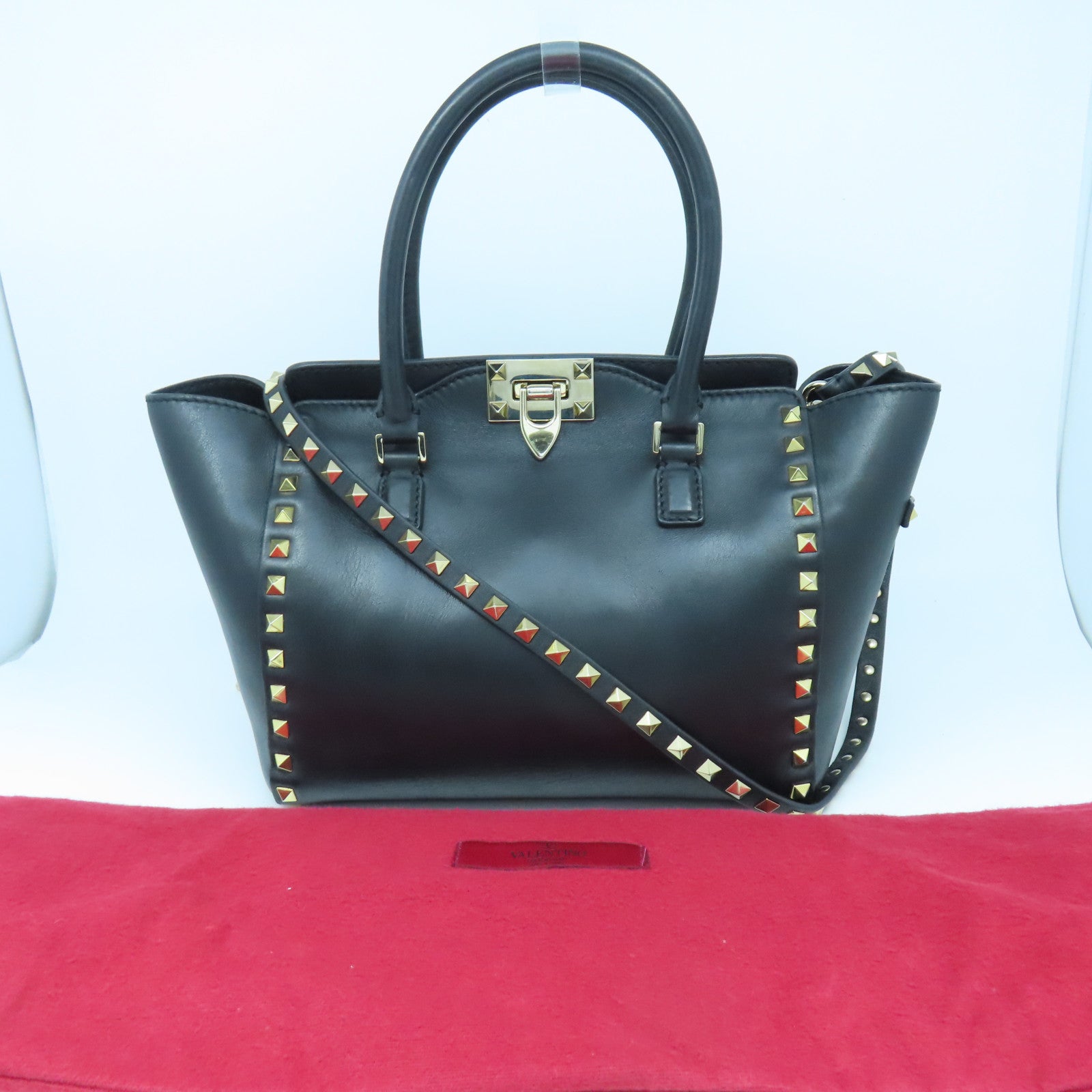 Valentino 牛皮皮革Shoulder Bag金扣手挽肩背兩用袋黑色