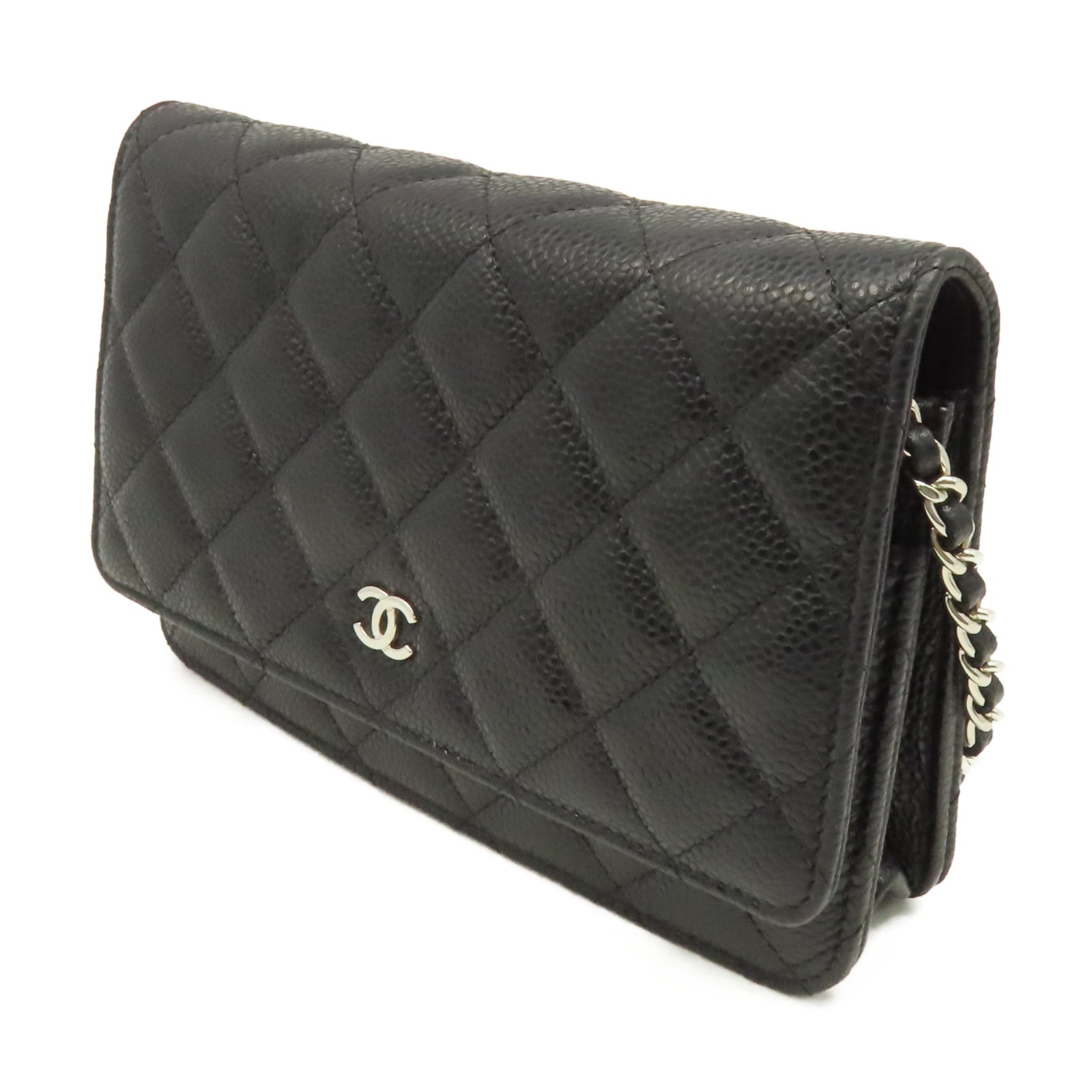CHANEL 菱格Caviar皮革Wallet On Chain Shoulder Bag銀扣鏈帶肩背袋黑色