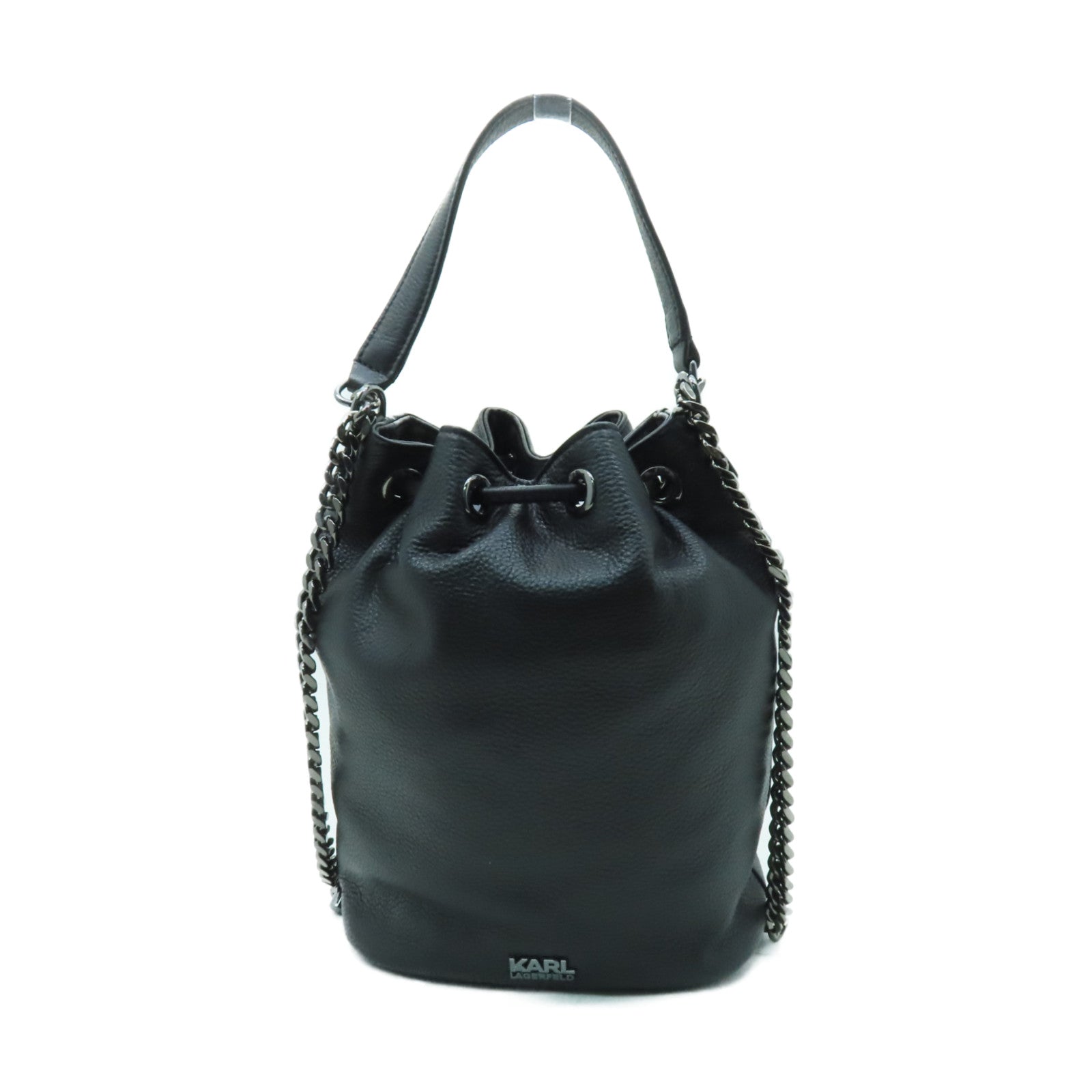 KARL LAGERFELD 牛皮皮革Bucket Bag鏈帶肩背袋黑色