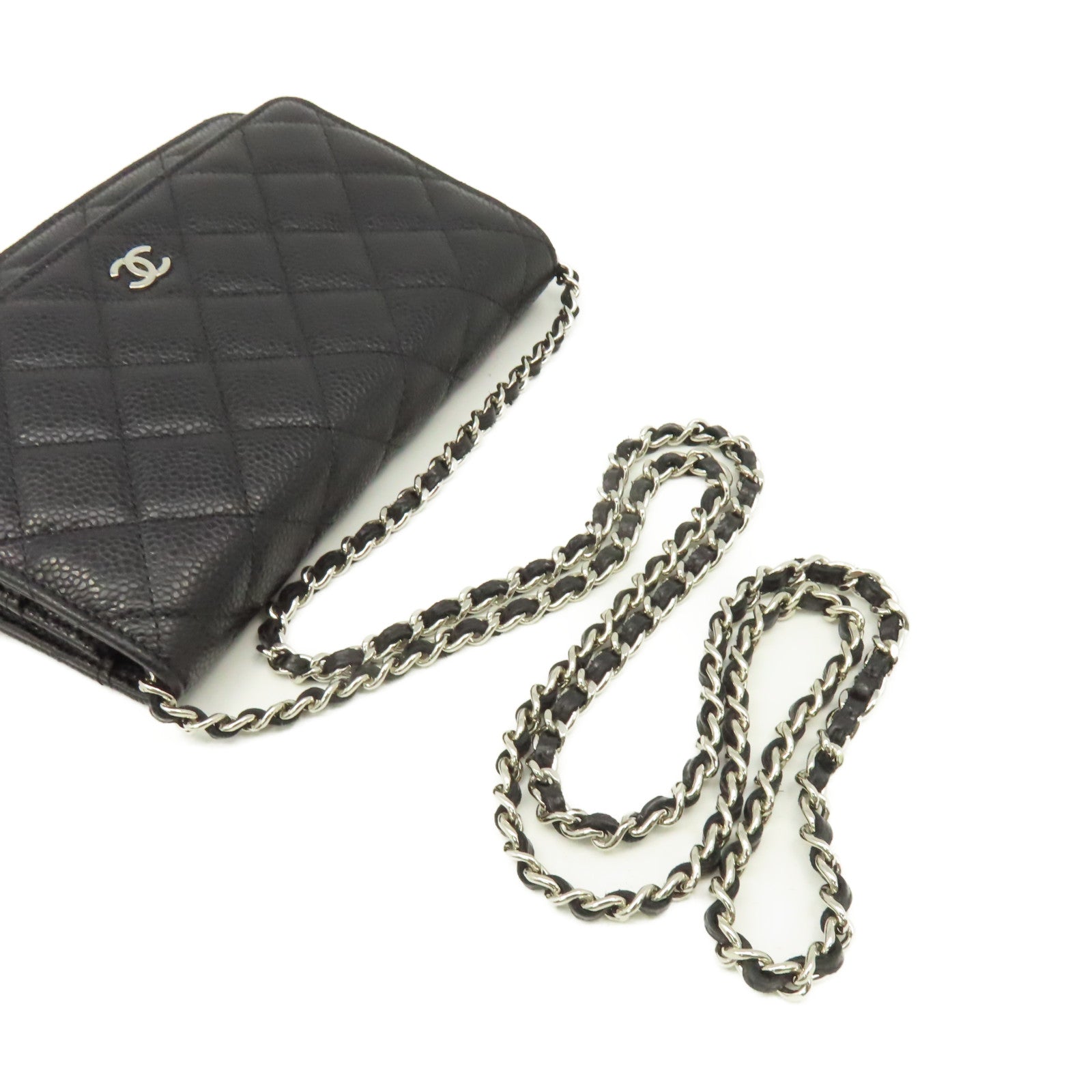 CHANEL 菱格Caviar皮革Wallet On Chain Shoulder Bag銀扣鏈帶肩背袋黑色