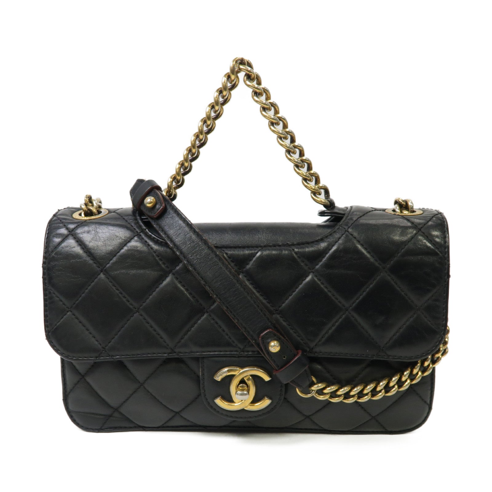 CHANEL 菱格牛皮皮革Chain Shoulder Bag金扣手挽肩背兩用袋黒色