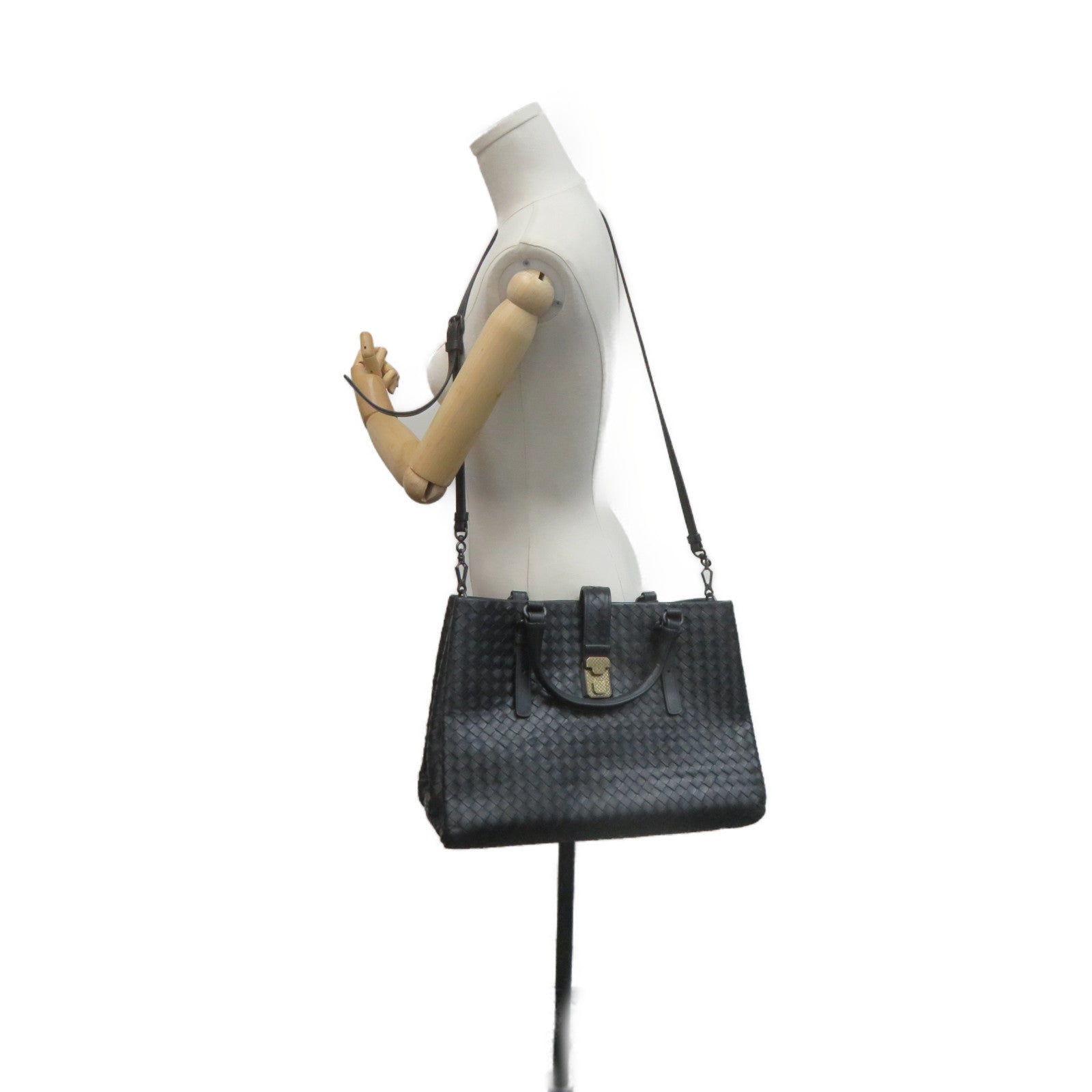 BOTTEGA VENETA 織紋皮革2Way Hand Bag金扣手挽肩背兩用袋黑色