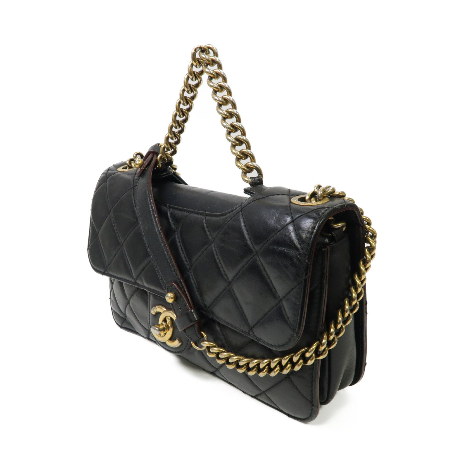 CHANEL 菱格牛皮皮革Chain Shoulder Bag金扣手挽肩背兩用袋黒色
