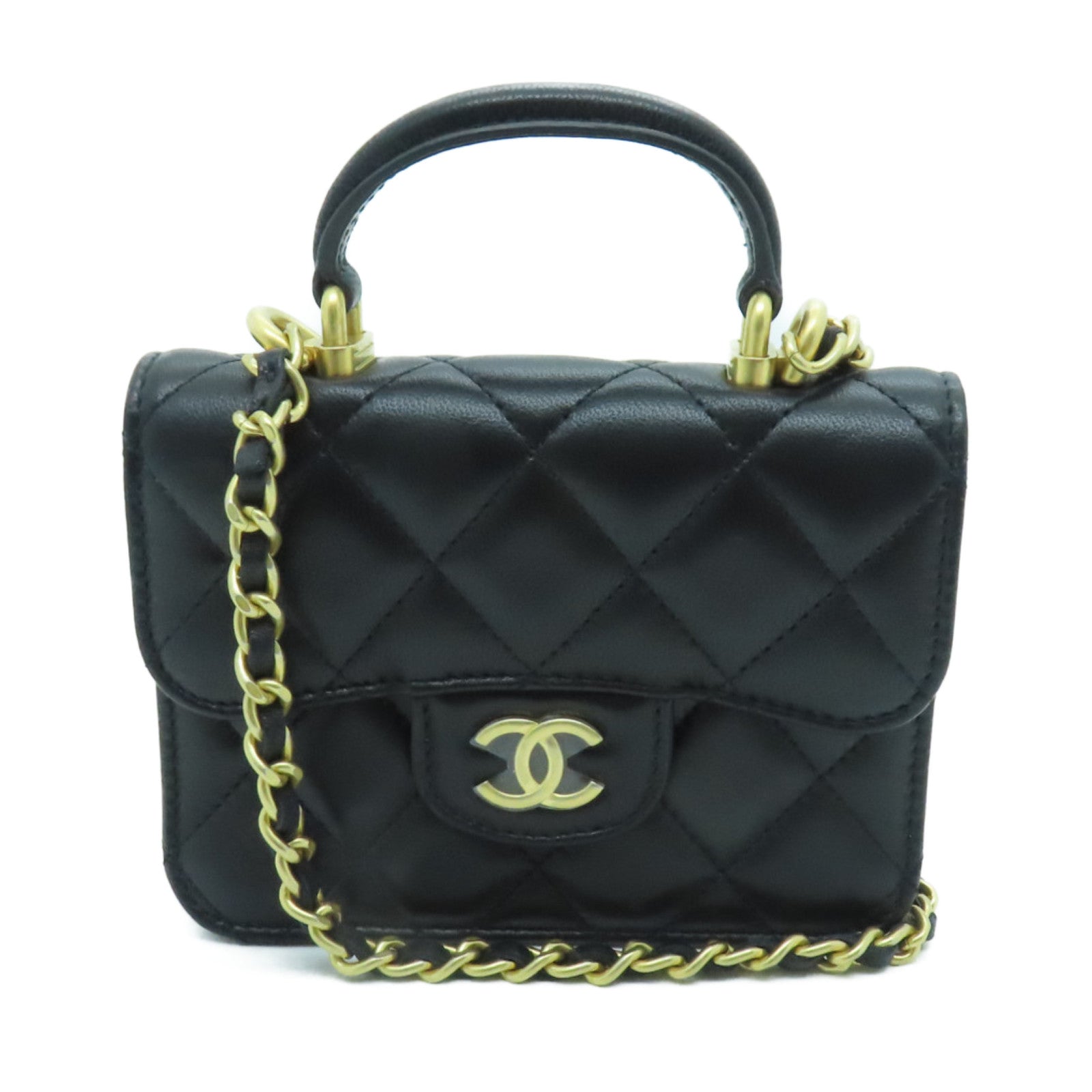 CHANEL 羊皮皮革Flap Coin Purse With Chain金扣鏈帶肩背袋黑色