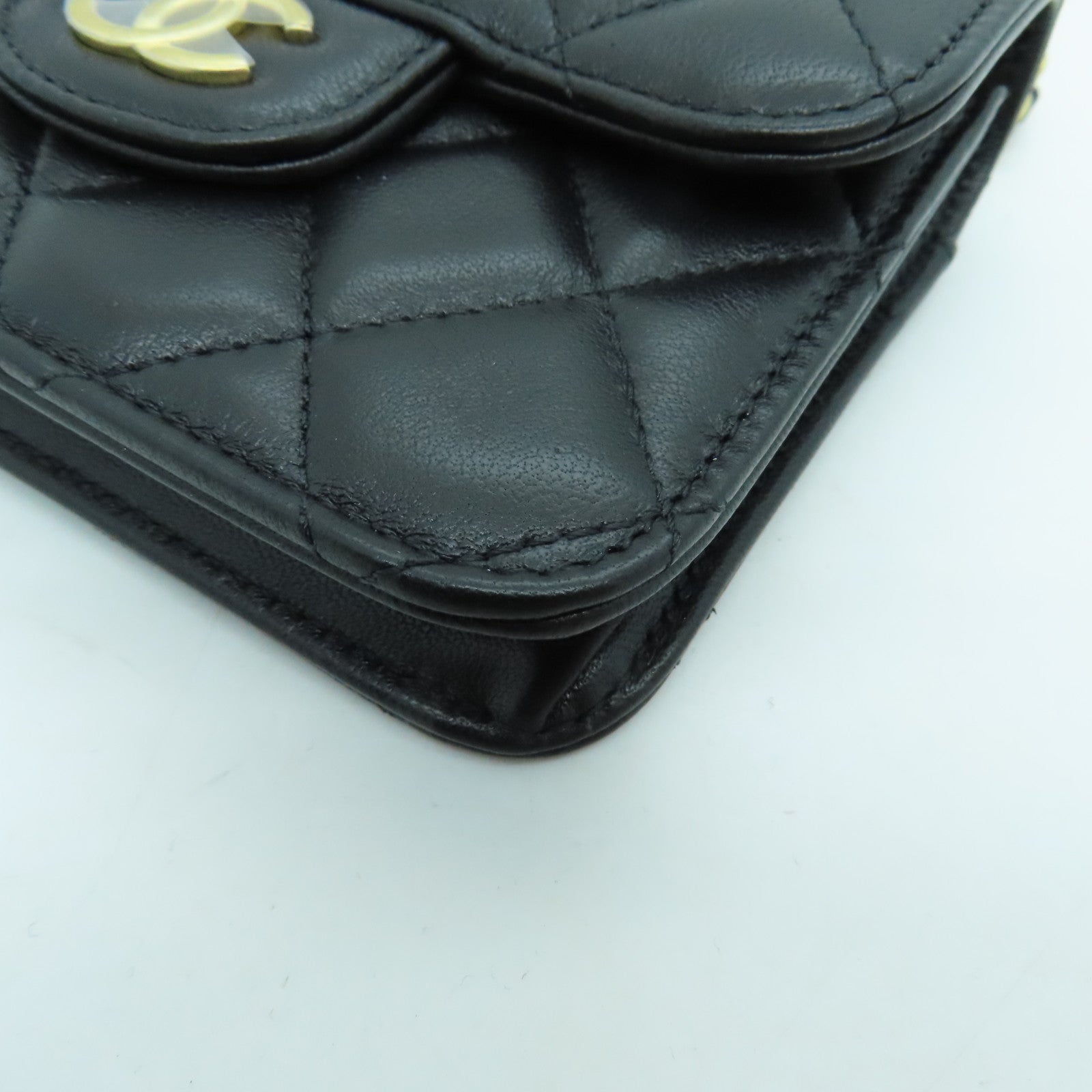 CHANEL 羊皮皮革Flap Coin Purse With Chain金扣鏈帶肩背袋黑色