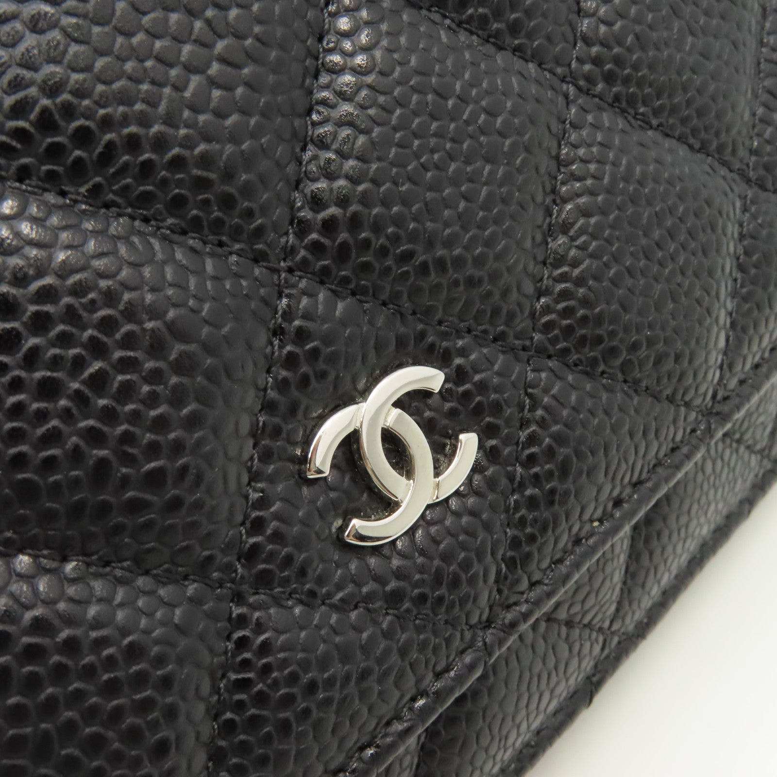 CHANEL 菱格Caviar皮革Wallet On Chain Shoulder Bag銀扣鏈帶肩背袋黑色