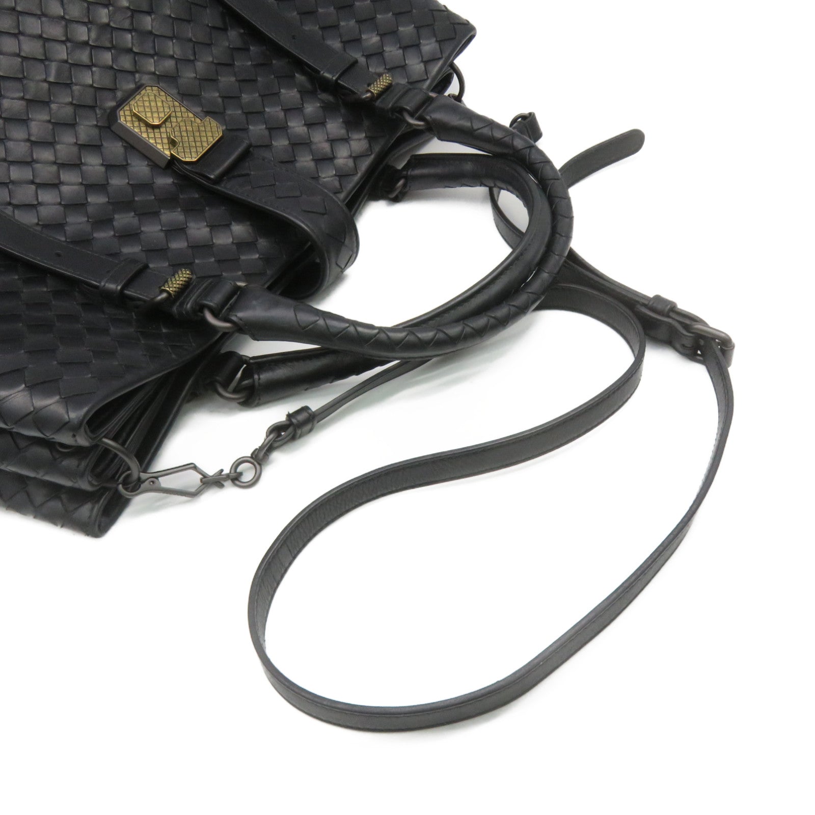 BOTTEGA VENETA 織紋皮革2Way Hand Bag金扣手挽肩背兩用袋黑色