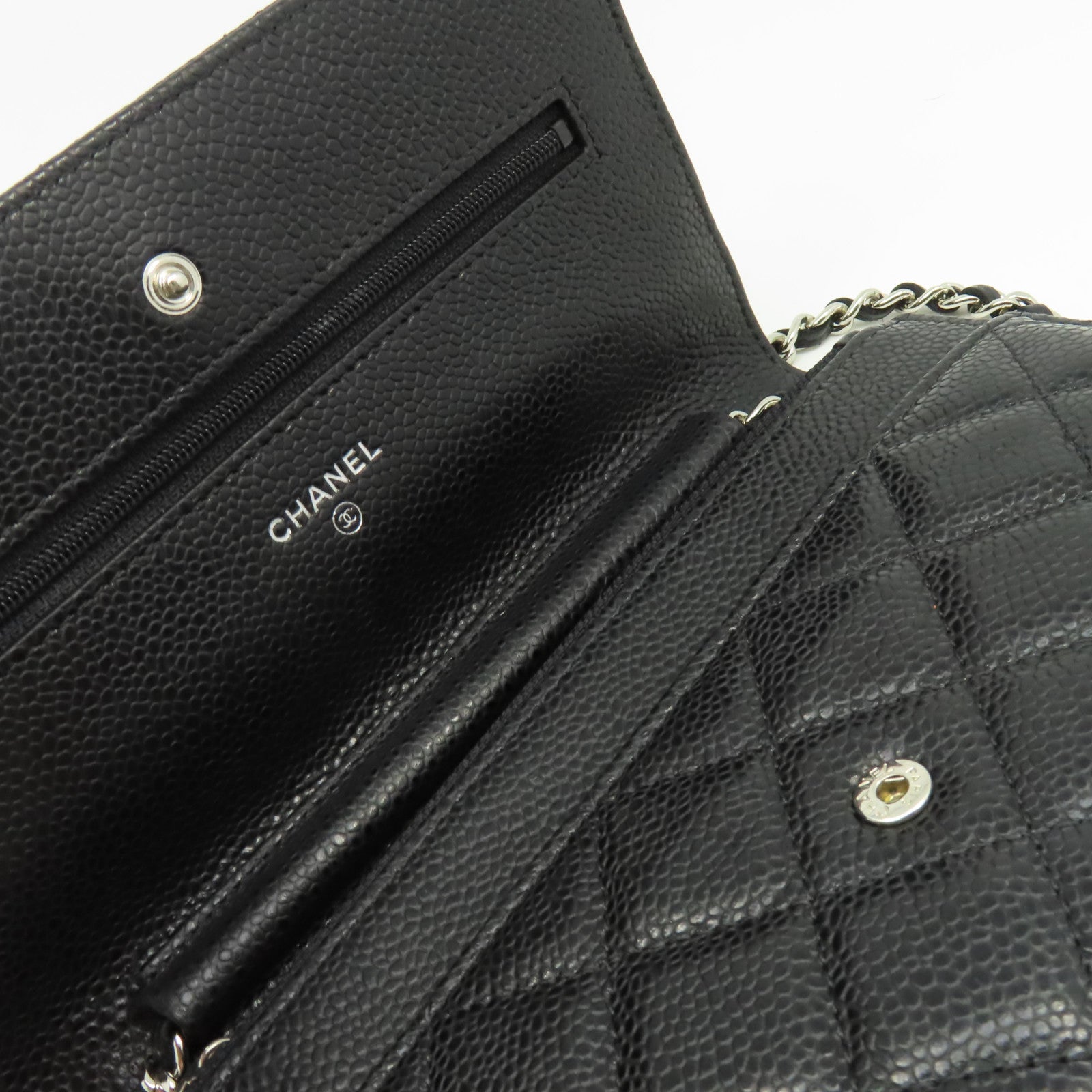 CHANEL 菱格Caviar皮革Wallet On Chain Shoulder Bag銀扣鏈帶肩背袋黑色
