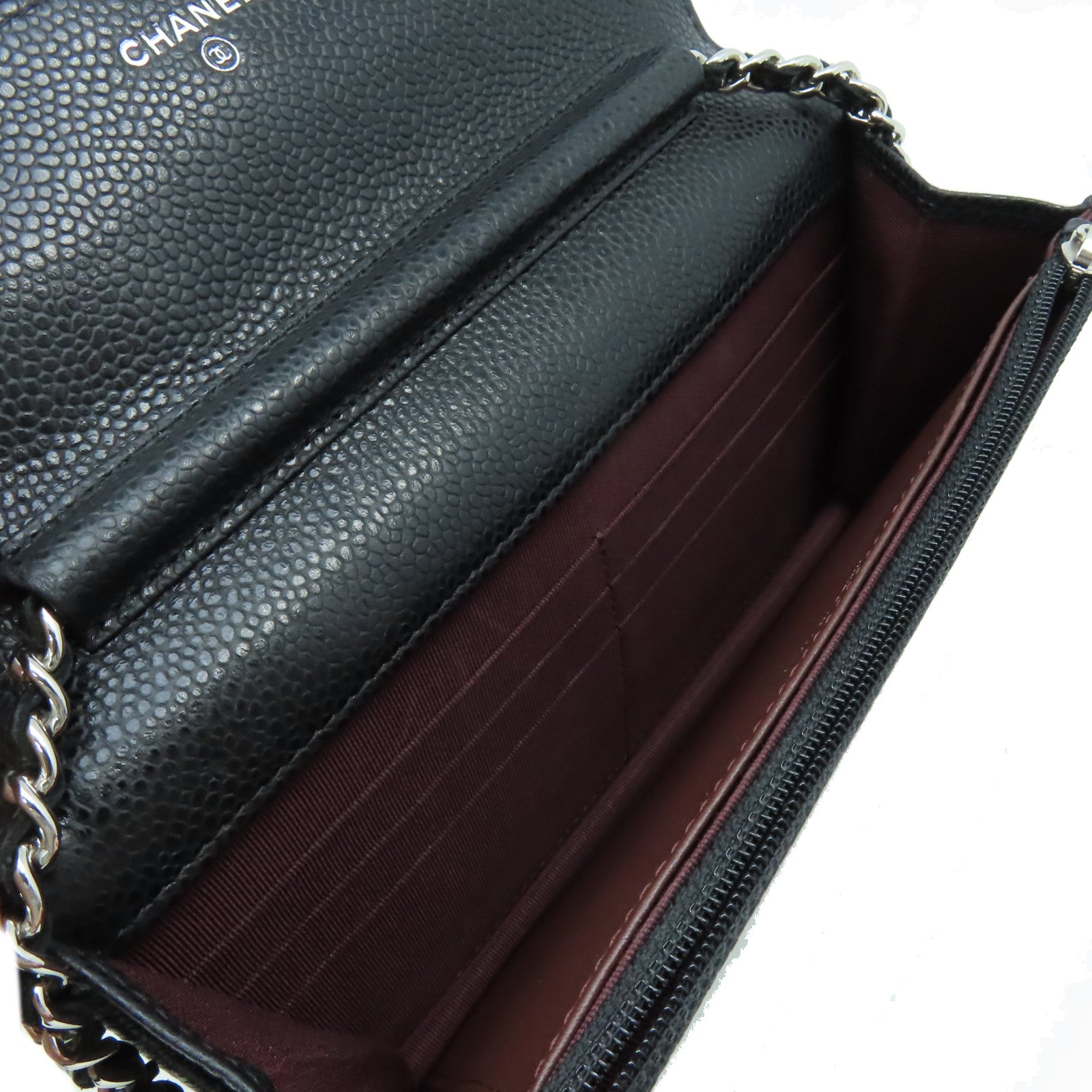 CHANEL 菱格Caviar皮革Wallet On Chain Shoulder Bag銀扣鏈帶肩背袋黑色