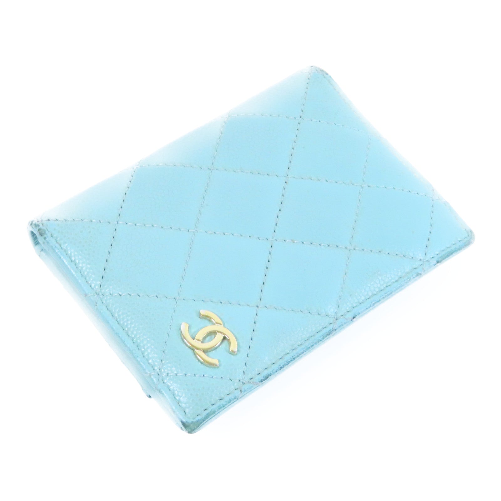 CHANEL 菱格Caviar皮革Card Case金扣卡片套藍色