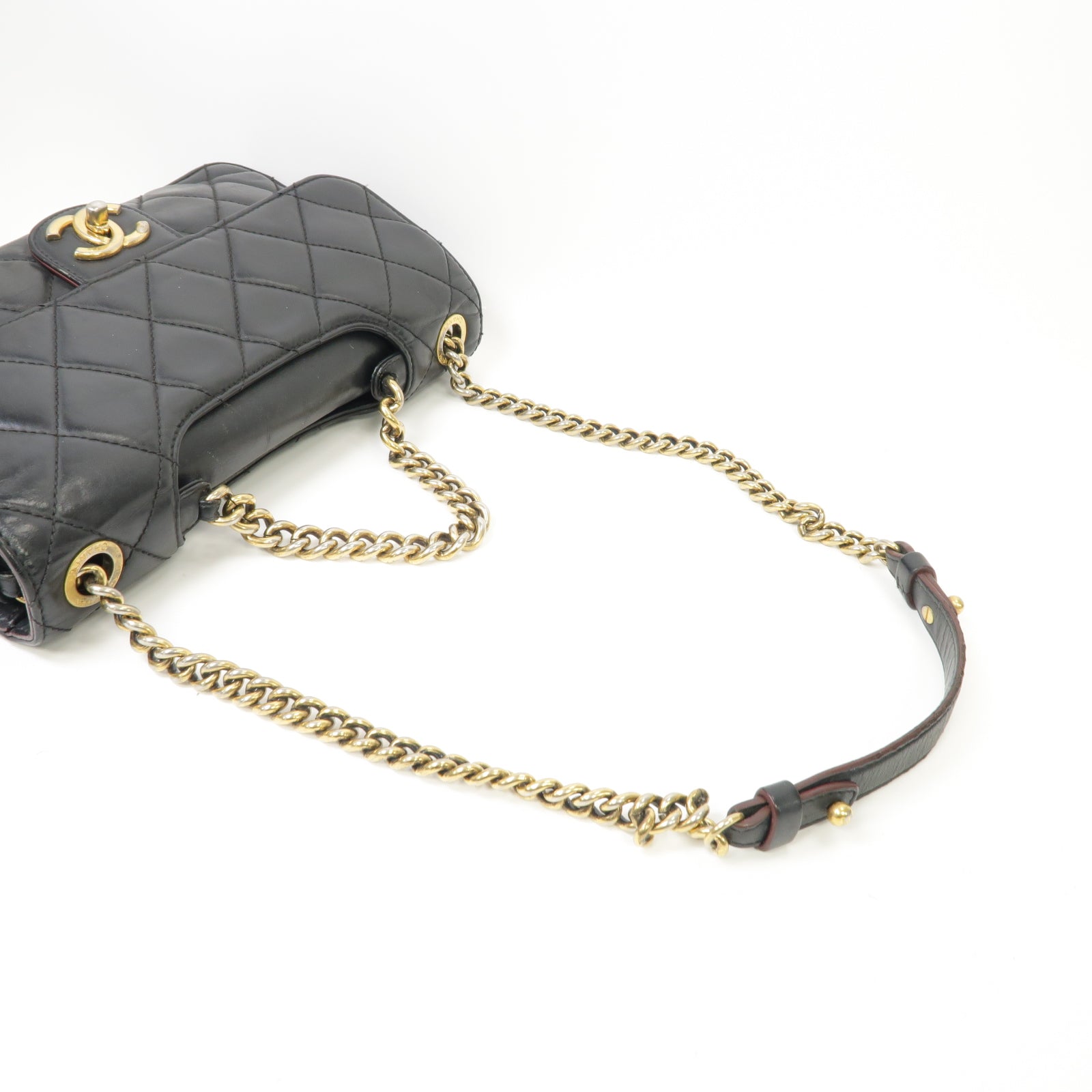 CHANEL 菱格牛皮皮革Chain Shoulder Bag金扣手挽肩背兩用袋黒色