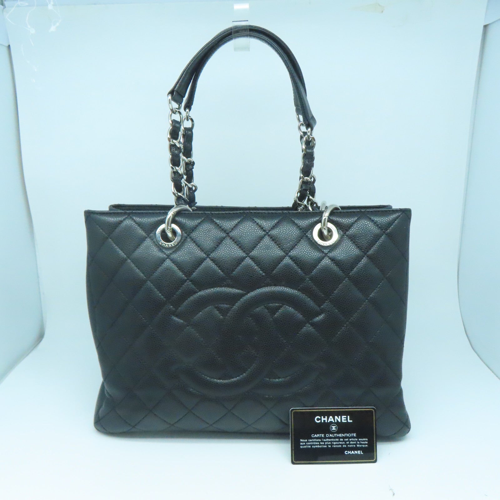CHANEL 菱格Caviar皮革GST银扣肩背袋黑色