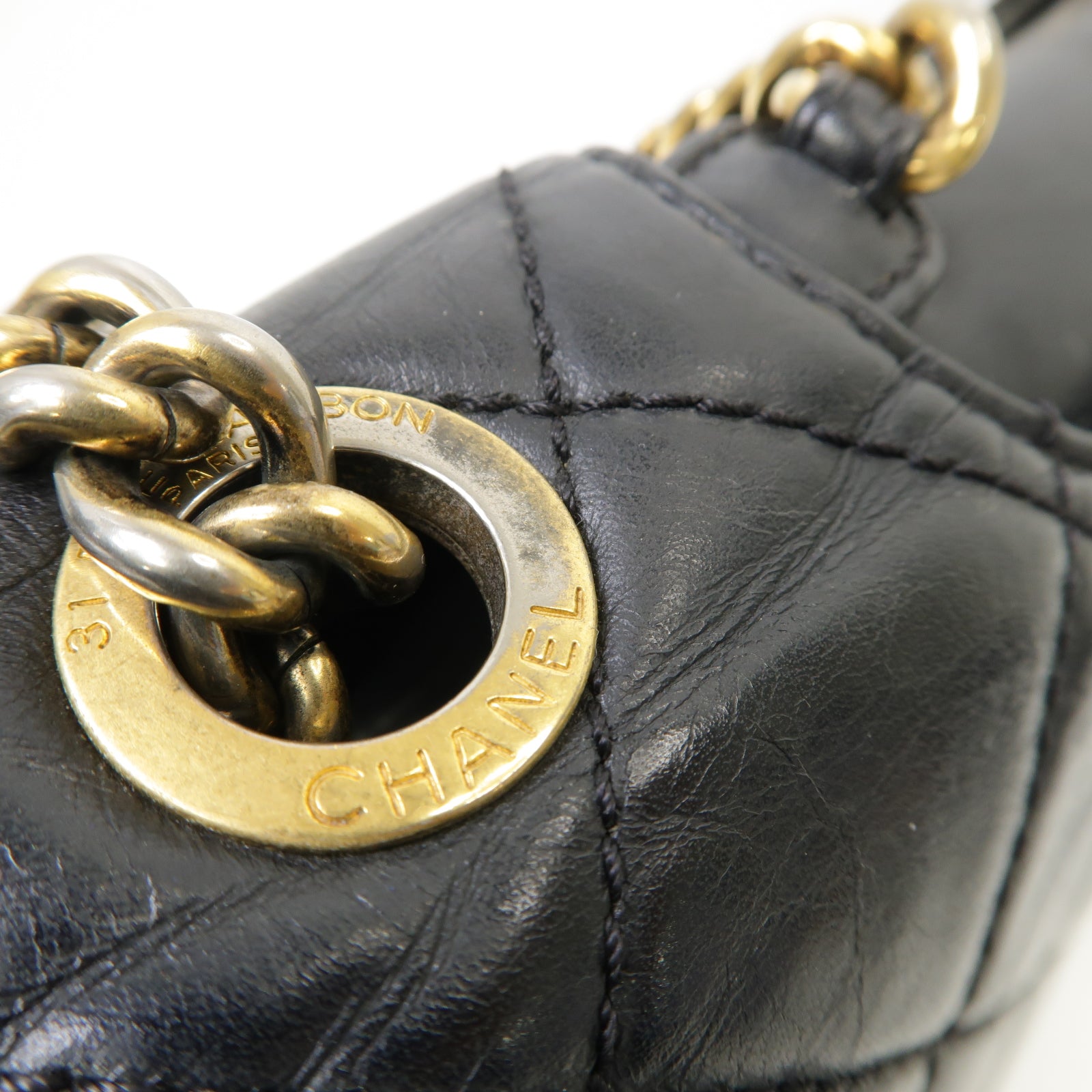 CHANEL 菱格牛皮皮革Chain Shoulder Bag金扣手挽肩背兩用袋黒色