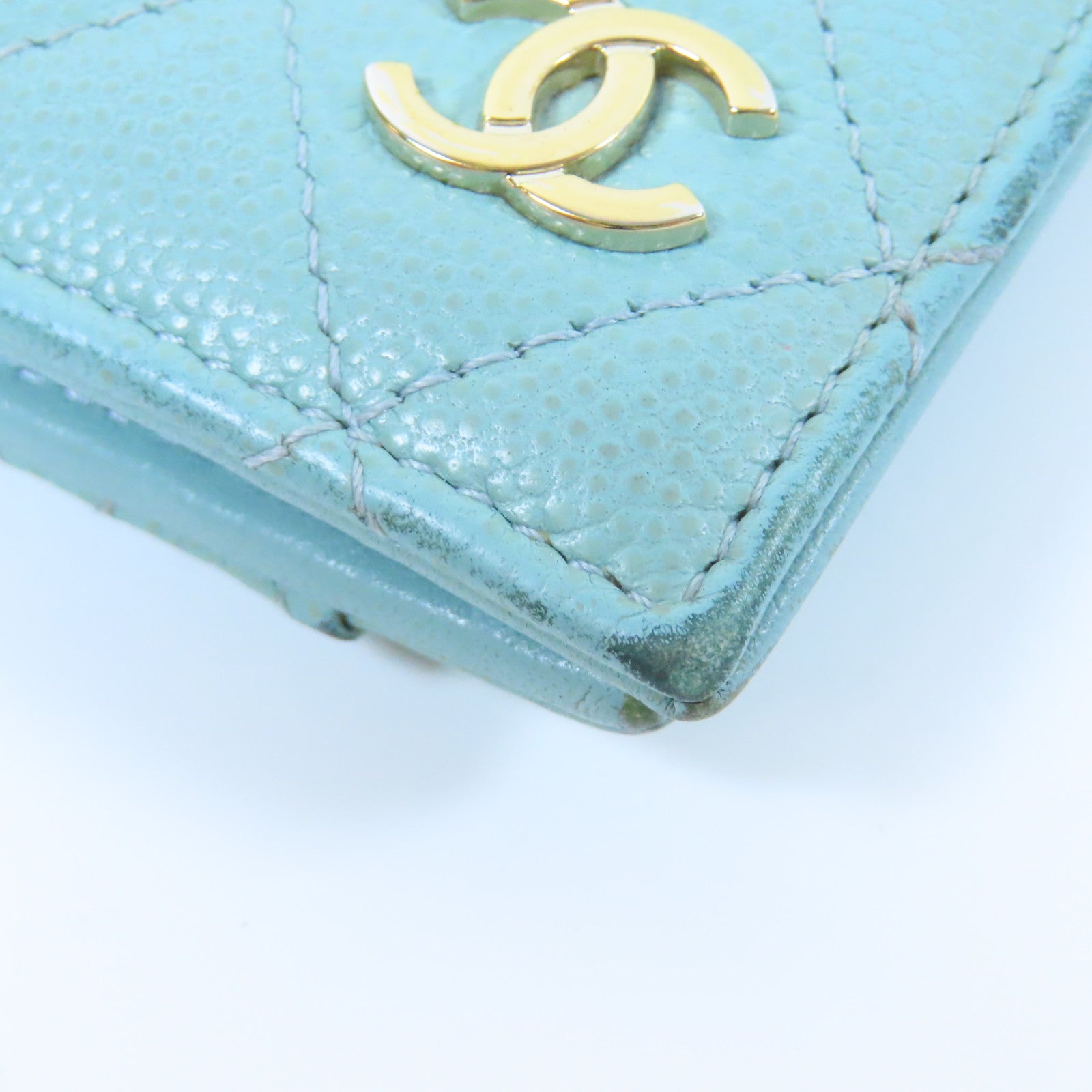 CHANEL 菱格Caviar皮革Card Case金扣卡片套藍色