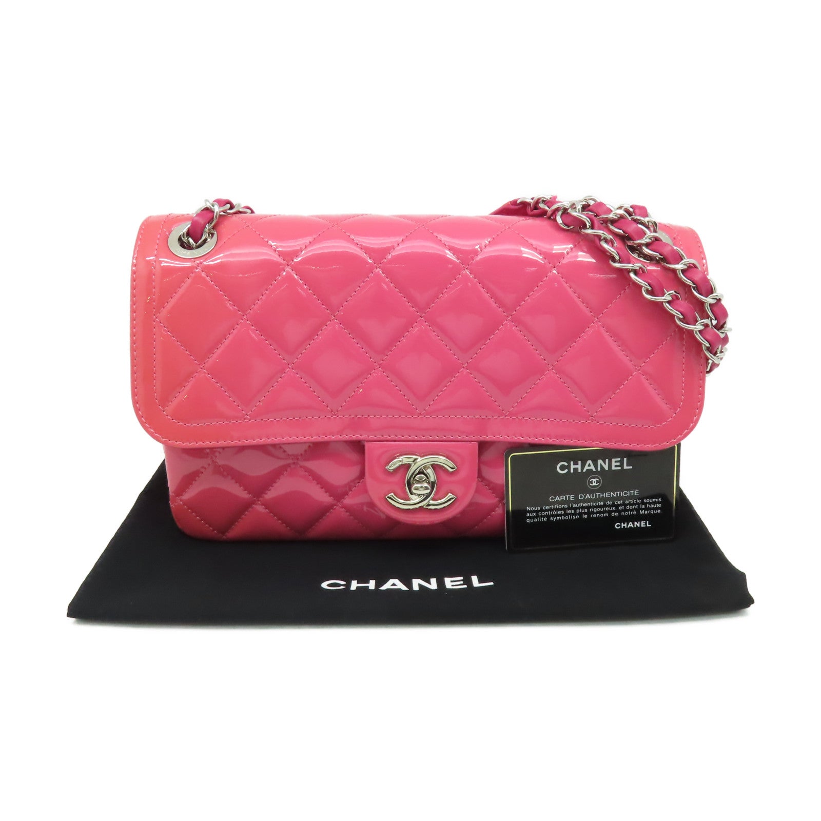 CHANEL 【激減優惠】菱格漆皮皮革Chain Shoulder Bag銀扣鏈帶肩背袋粉紅色