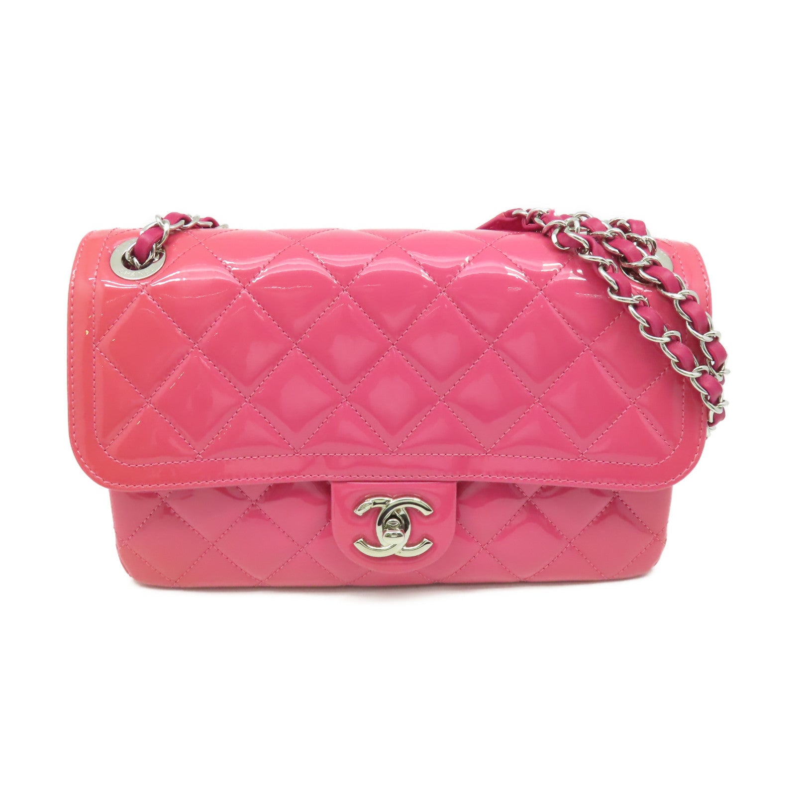 CHANEL 【激減優惠】菱格漆皮皮革Chain Shoulder Bag銀扣鏈帶肩背袋粉紅色