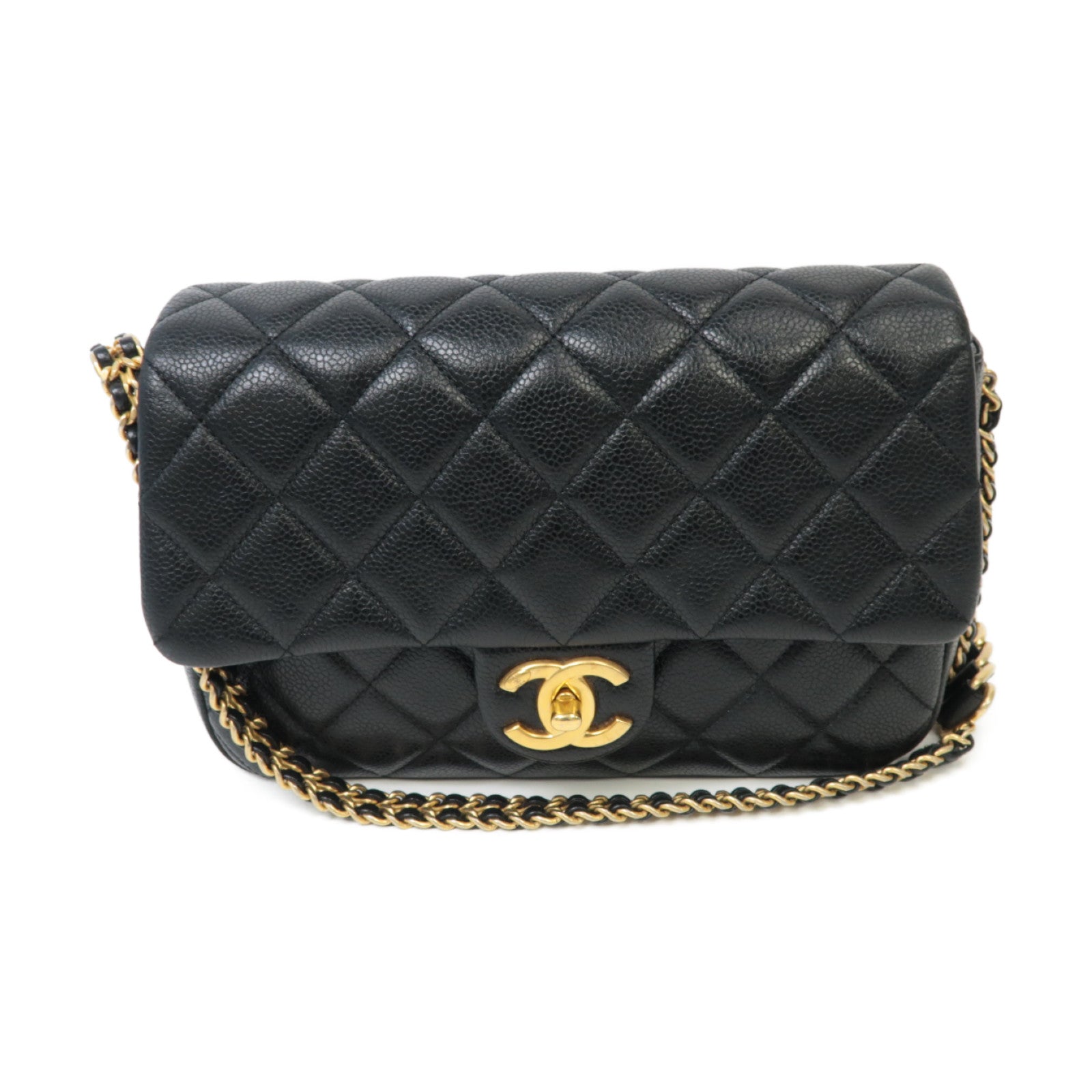 CHANEL 菱格Caviar皮革Chain Shoulder金扣鏈帶肩背袋黑色